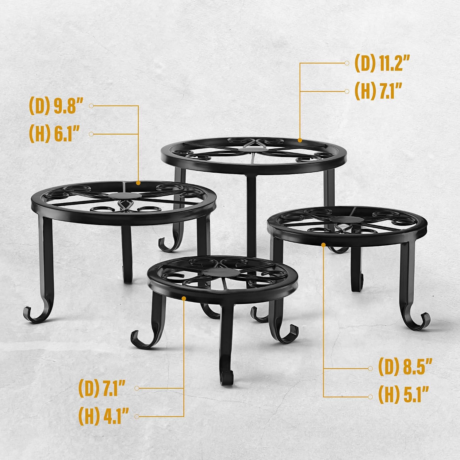 CABASAA Metal Plant Stands Iron Planter Flower Pot Round Rack Heavy Duty Potted Holder Indoor Outdoor 4 Pack with Different Size (Black)