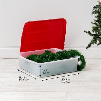 IRIS USA 33 Quart Christmas Wreath Storage Container Box with Lid, 3-Pack, Stackable Under Bed Storage Organizer Bin with Latching Buckles for 20 Wreaths Christmas Decorations Garlands, Clear/Red