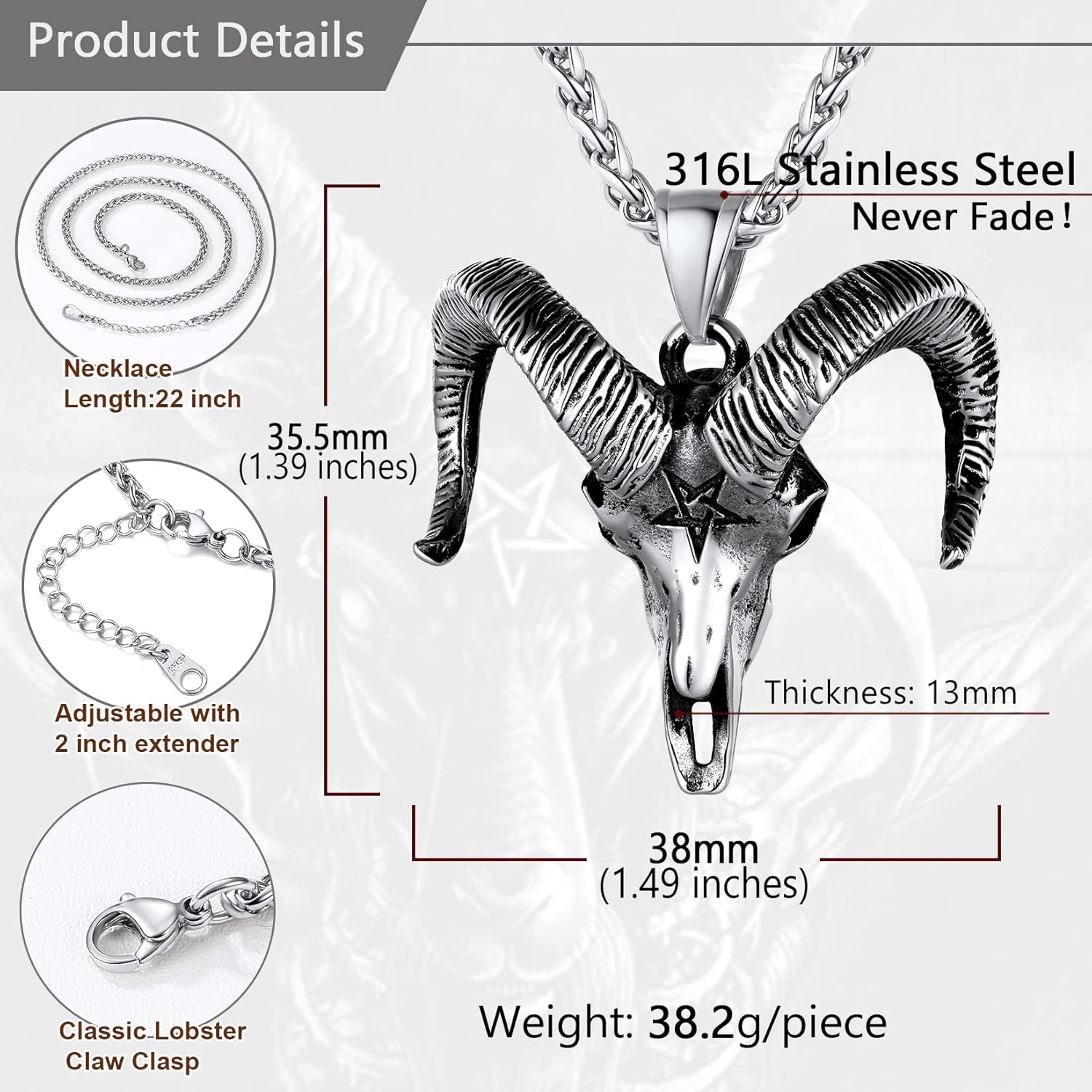 U7 Inverted Cross Necklace, Upside Down Cross Pendant, Stainless Steel Jewelry Devil Necklaces, Baphomet Goat Head Pendant for Men Women - Image 5