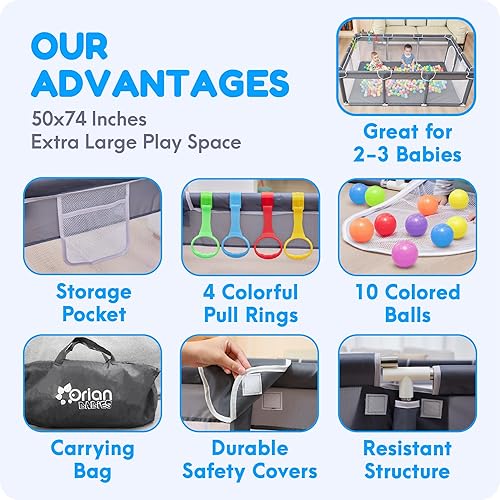 Miniatura 4 de Orian Corralito para bebés de 50 x 74 pulgadas, tamaño XL para bebés y niños pequeños, tela Oxford, corralito de juegos para interiores y
