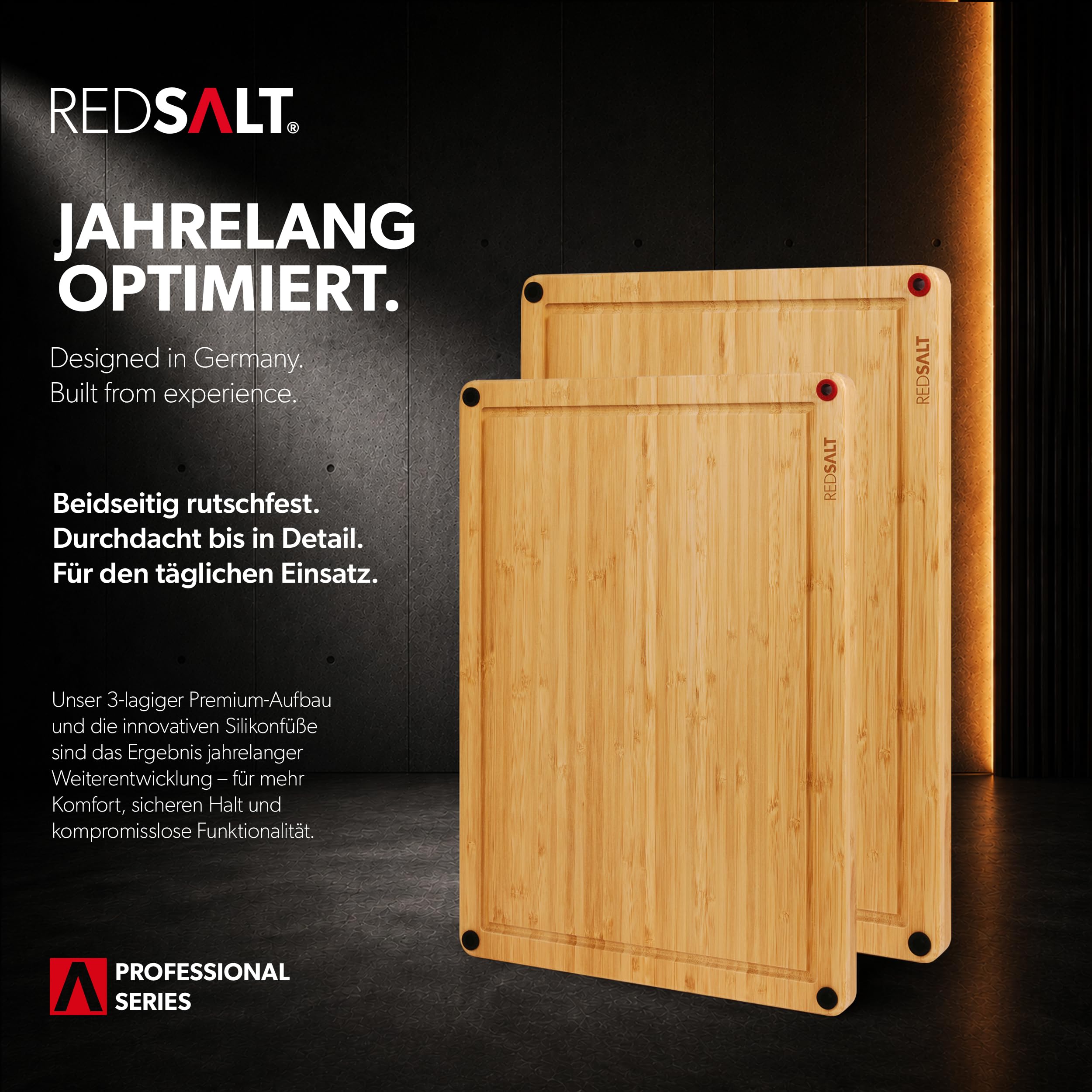 REDSALT Bambus Schneidebrett Set XL & L – 2-teiliges Küchenbrett Set mit Saftrille, Antirutsch-Füßen & beidseitig nutzbarer Oberfläche