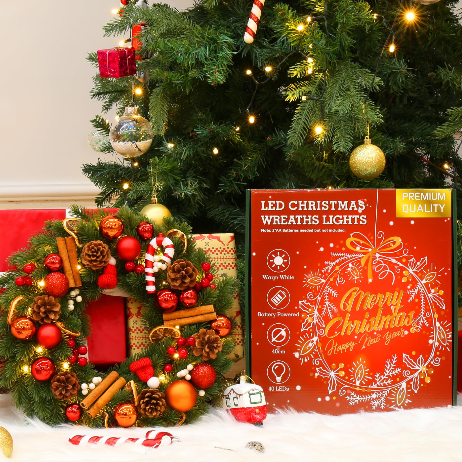 GlobaLink Weihnachtskranz 40cm, Türkranz Weihnachten mit 40 LEDs Timer Batteriebetrieben Künstlicher Kranz mit Zuckerstange Zitronenscheiben und Weihnachtskugeln Weihnachtsdeko für Feste Advent Türe