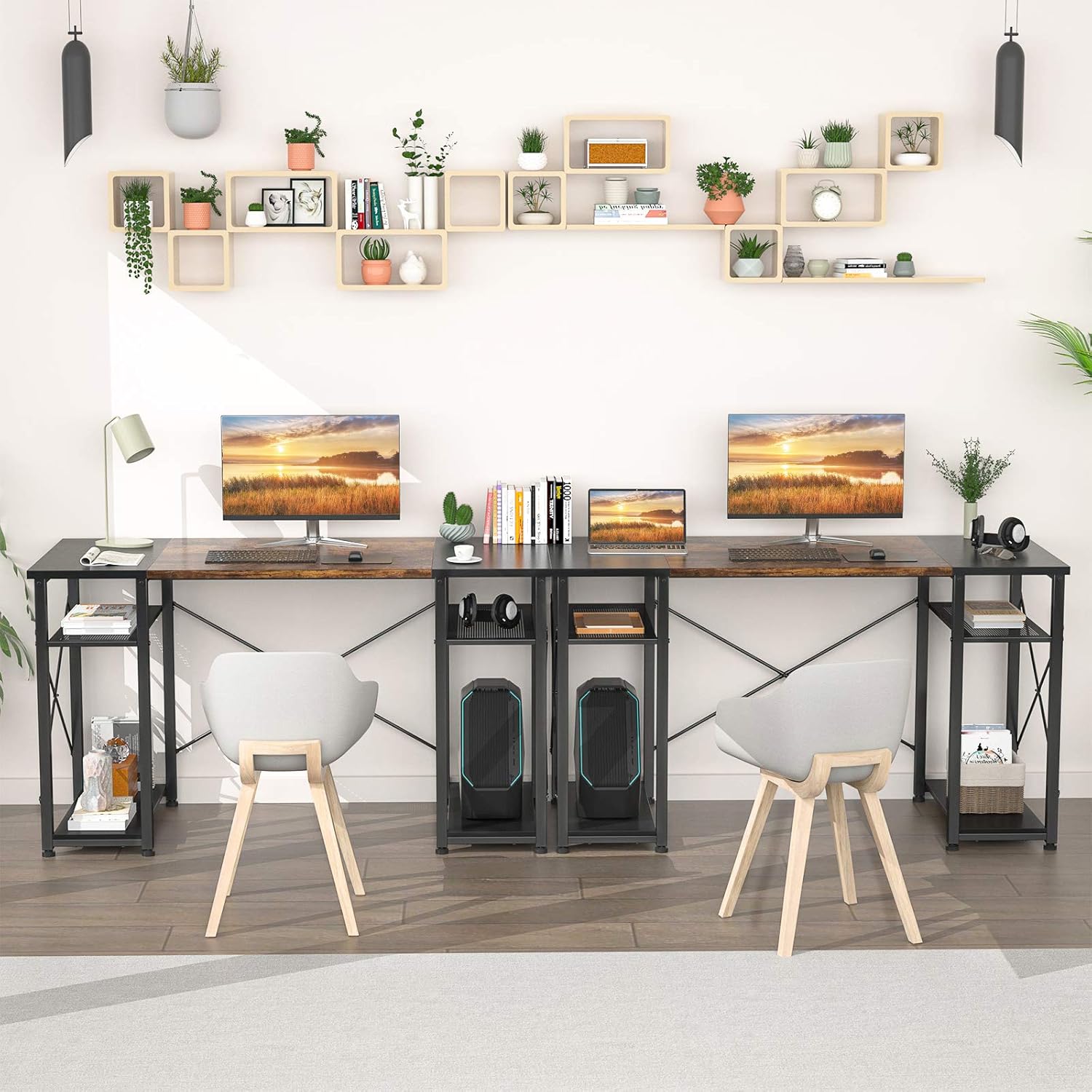 Flash Deals - 40% OFF Foxemart Computer Desk with Storage Shelves, 55 Sturdy Office Desk with CPU Stand, Industrial Desk Study Writing Table for Home Office, Vintage Rustic Brown and Black