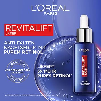L'Oréal Paris Retinol Serum Anti-Falten Nacht-Serum mit Vitamin A pflegendem Öl und Hyaluronsäure Revitalift Laser Gesichtspflege 1 x 50 ml