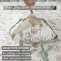 Vista 8 de FADFAY Juego de ropa de cama de 7 piezas, 100% algodón, diseño floral beige, tamaño Queen + funda de edredón, ropa de cama completa con flores rosas