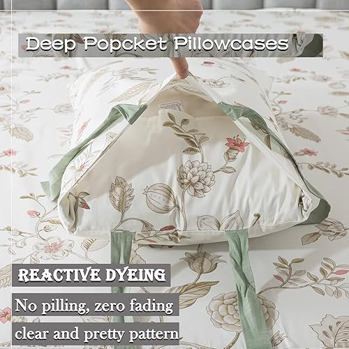 Miniatura 8 de FADFAY Juego de ropa de cama de 7 piezas, 100% algodón, diseño floral beige, tamaño Queen + funda de edredón, ropa de cama completa con flores rosas