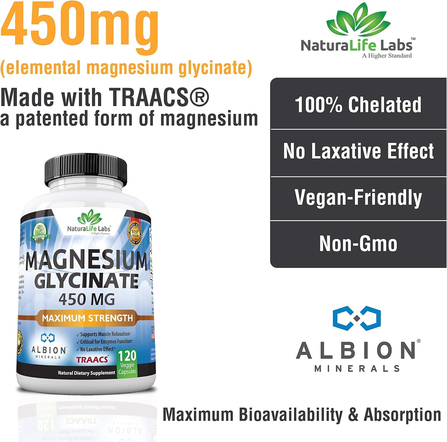 Magnesium Glycinate 450 MG Albion Minerals TRAACS Maximum Bioavailability Chelate No Laxative Effect Vegan Helps Function of Muscles, Bones, Heart Non-GMO