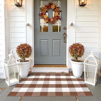 Buffalo Plaid Checkered Rug 27.5"x43" Fall Front Door Mats, Washable Woven Front Porch Rug Outdoor Door Mat Welcome Mats Indoor Outdoor Autumn Layered Doormats for Entryway, Home Entrance