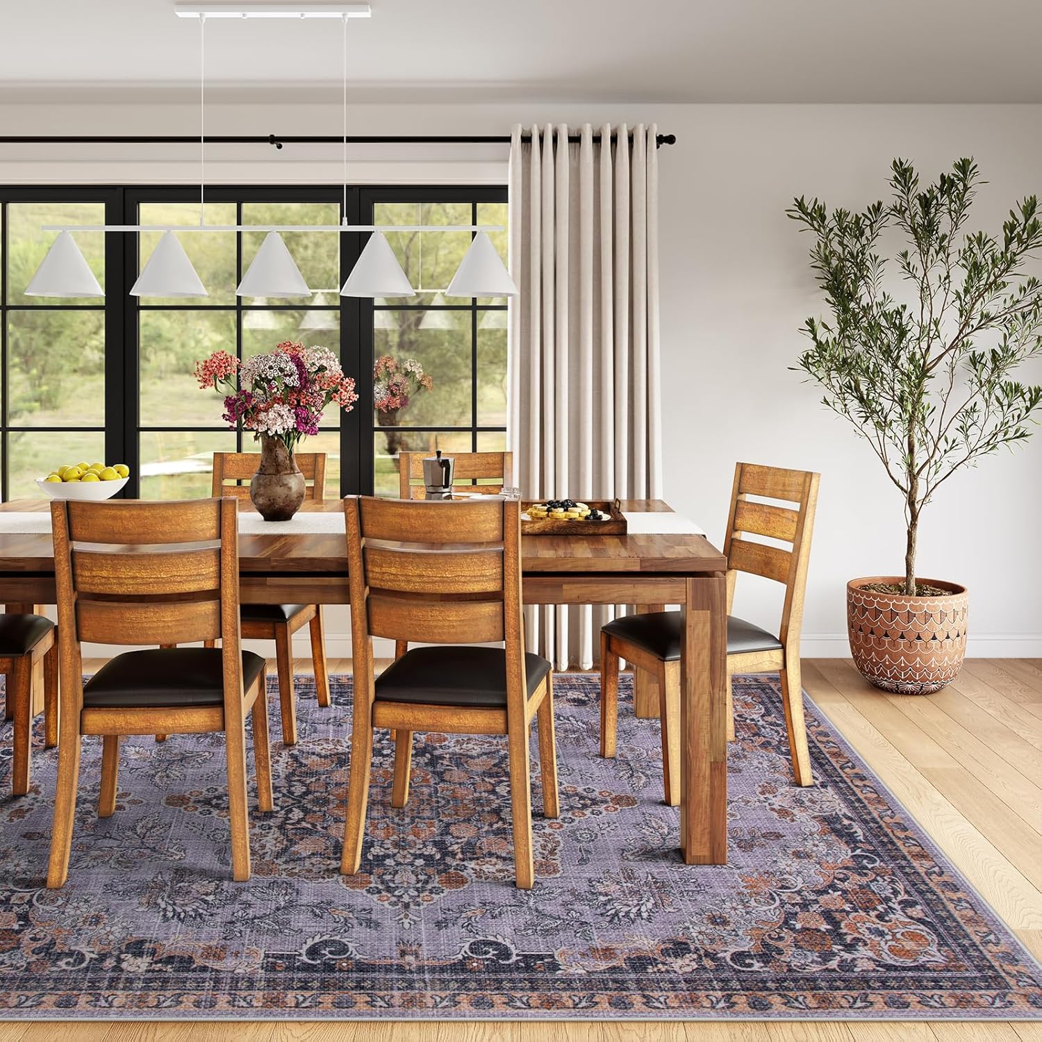 Lahome Oriental Purple Rugs for Living Room, Ultra-Thin 8x10 Rug for Dining Room Non-Slip Boho Area Rug for Bedroom, Non-Shedding Vintage Area Rug for Home Office (Purple, 8'x10')