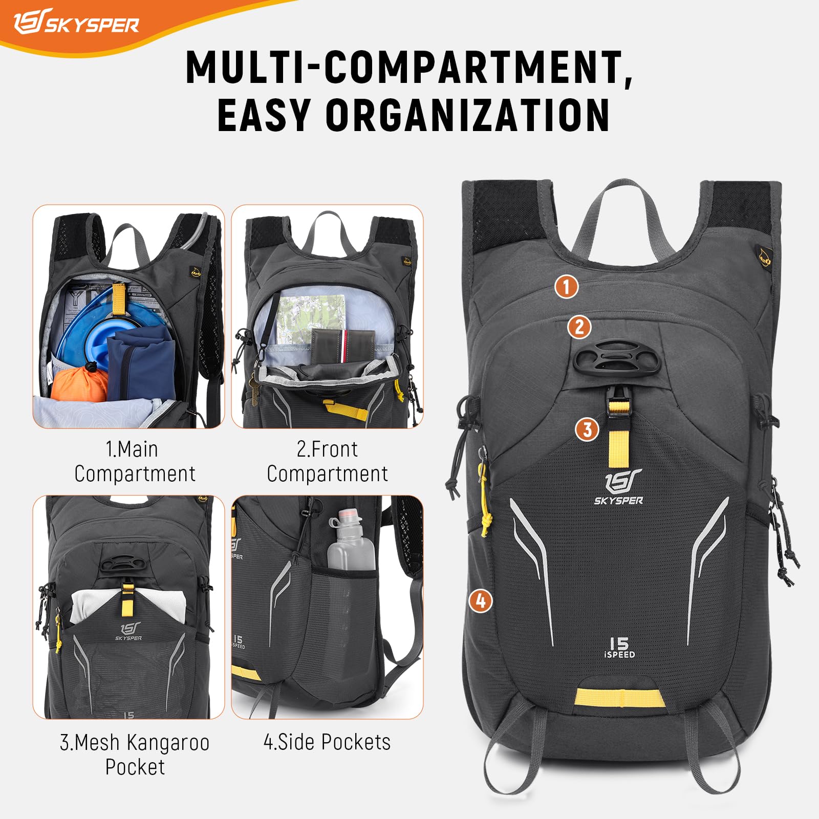 SKYSPER Kleiner Rucksack 15L Ski Rucksack Leichter Wanderrucksack & Fahrradrucksack für Damen und Herren Tagesrucksack Skirucksack Radfahren Wandern Outdoor Reisen