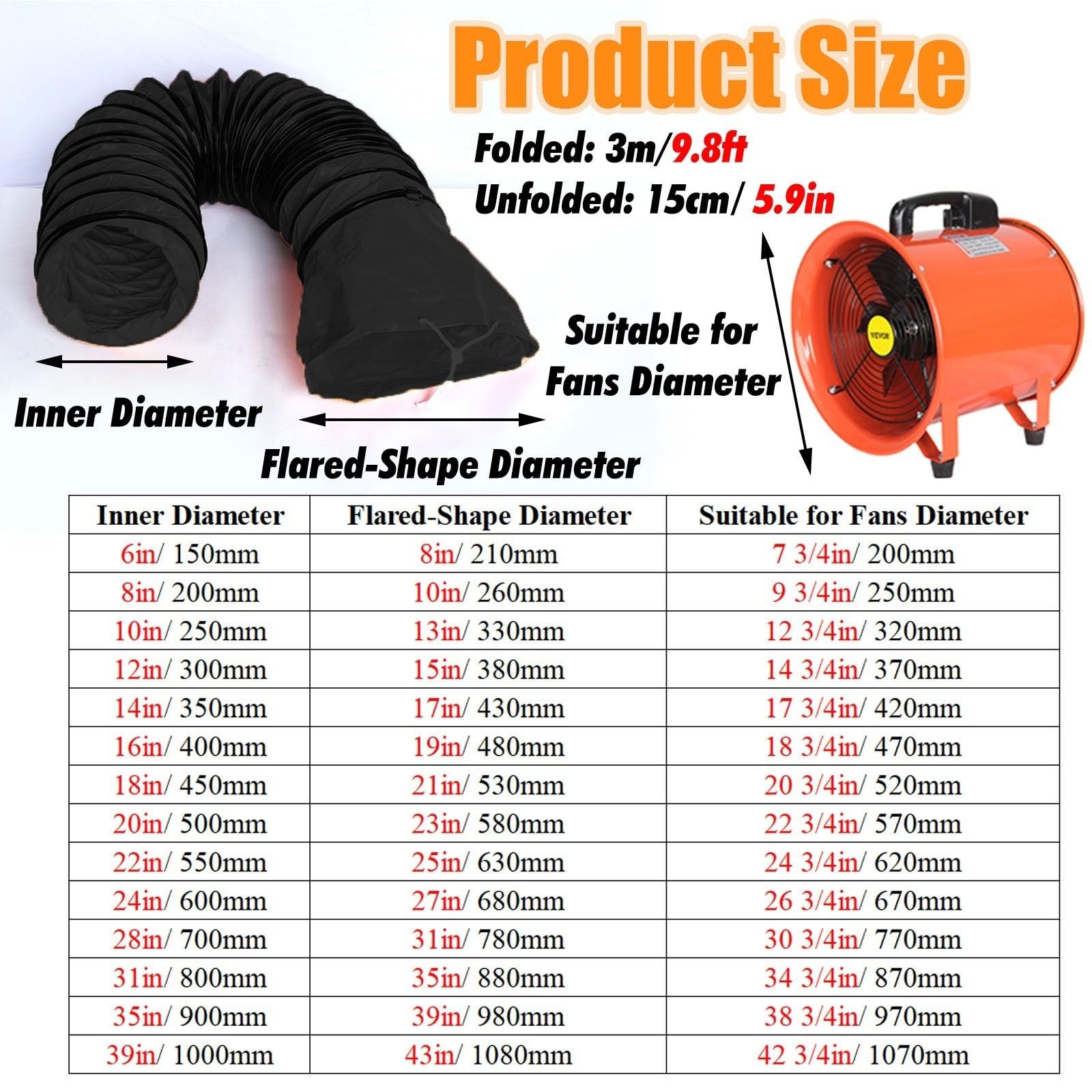 Tubo Flexible Manguera De Conducto Para Ventilador Uso General Extensible, Manguera Conducto Flexible Ignífuga, Conducto Aire Portátil Salas Cultivo Cocina(L 9.8ft/3m,ID 10in/250mm)