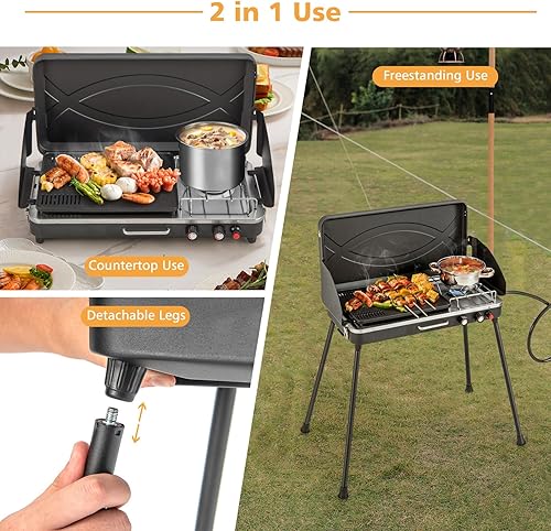 Miniatura 3 de Nightcore - Estufa de campamento de propano de 2 quemadores, parrilla de campamento portátil con patas desmontables, parrilla asada y pantalla de
