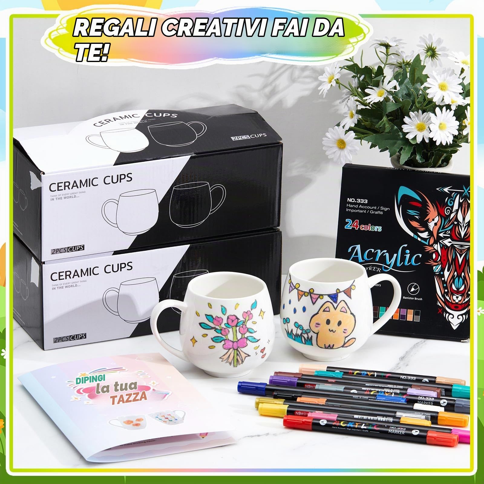 Geiserailie 4 Tazze Fai da te Verniciabili Kit 4 Tazze in Ceramica Vuote per Sublimazione 12 Pennarelli con 24 Colori Regalo Compleanno Natale Anniversario Festa della Mamma Pasqua(Elegante)