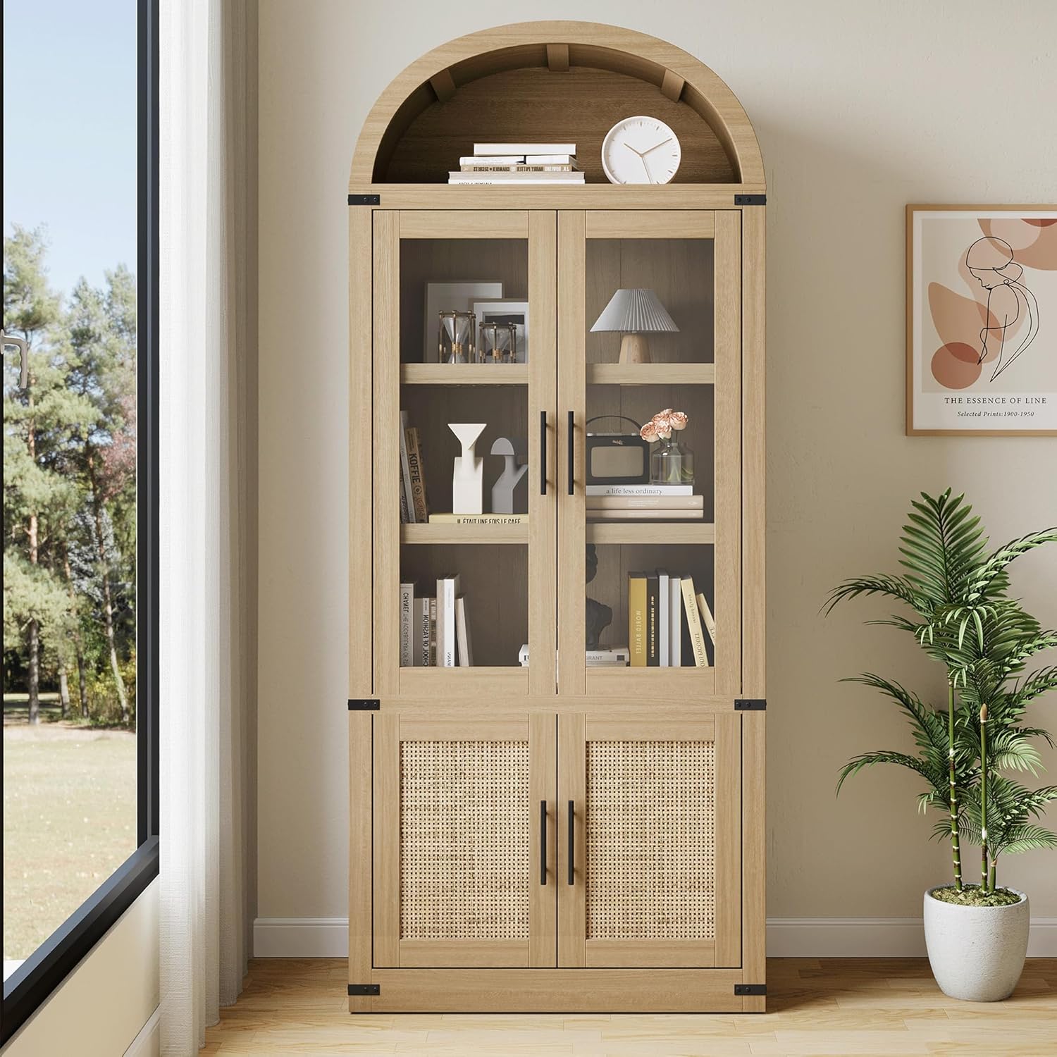 GarveeHome Arched Bookcase with Doors Modern 6-Tier Bookshelf with Storage Wooden Display Cabinet Farmhouse Storage Shelves for Living Room, Kitchen, Office