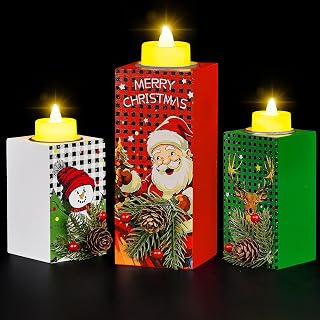 BlcTec Christmas Decorations Indoor, 3 PCS Christmas Wood Candle Holders with LED Tea Lights & 3D Carving Craft, Wood Christmas Centerpieces for Home, Table, Office, Tiered Tray, Shelf Xmas Décor