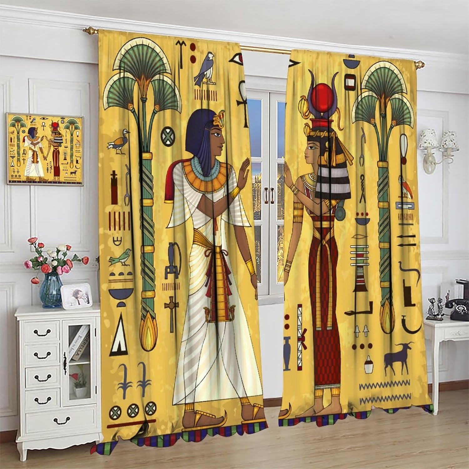 Ancient Egyptian Curtains Old History Mural Egypt Queen Rod Pocket Blackout Window Treatment for Bedroom Living Room Grommet Darkening Art Print Window Drapes 42x45in