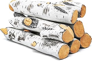 Gas Fireplace Logs, Birch Logs 7pcs Fake Fireplace Insert, Faux Ceramic White Birch Wood Firepit Firebowl Indoor or Outdoor Decor