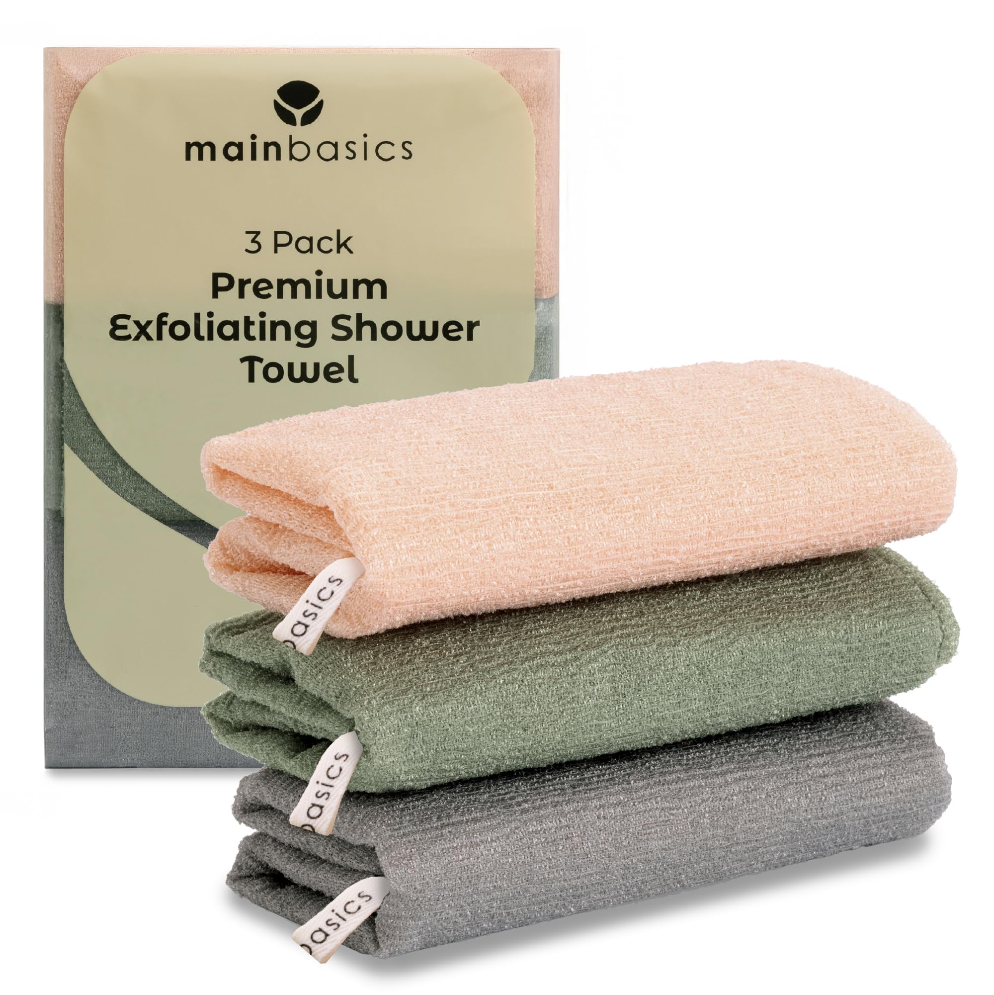MainBasics Exfoliating Shower Towel - Japanese Nylon Bath Towel and Body Washcloth, Quick-Dry, Durable, Deep Exfoliation (Set of 3, Earthy Love)