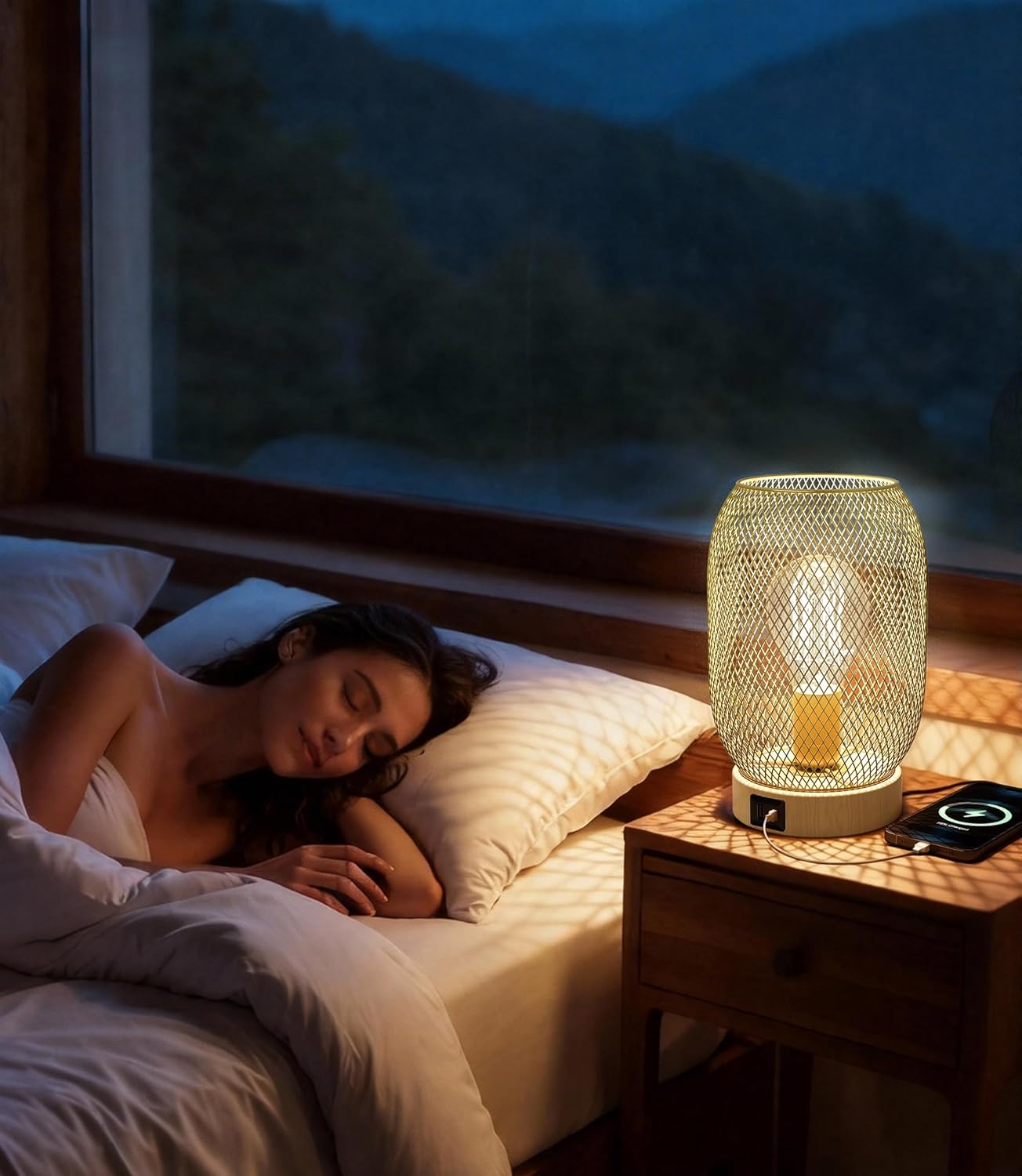 Retro Iron Mesh Table Lamp,Bedside Lamp With Touch Control 3-Color Lighting,Desk Lamp for Wood Grain Base with Dual USB/Type-C Charging Ports,Lamp for Bedroom, Dining Table, Kitchen,Nightstand Decor