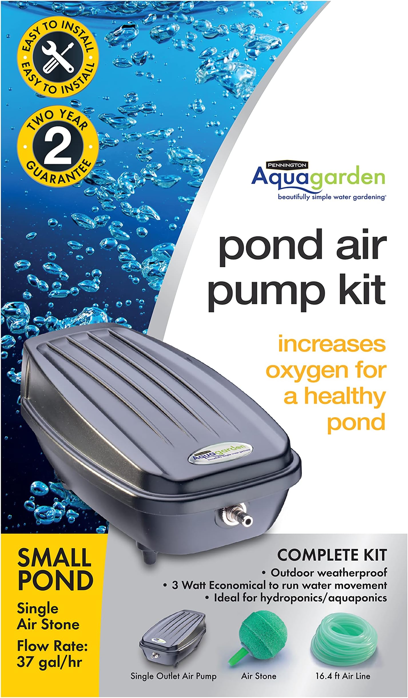 Pennington Aquagarden Aquagarden, Pond Air Pump Kit, Outdoor Weather Proof air Pump, Single Outlet Pond Oxygenator, Inc Air Stone & Air Line, 37 gal/hr Flow Rate, Economical to Run, for Small Ponds