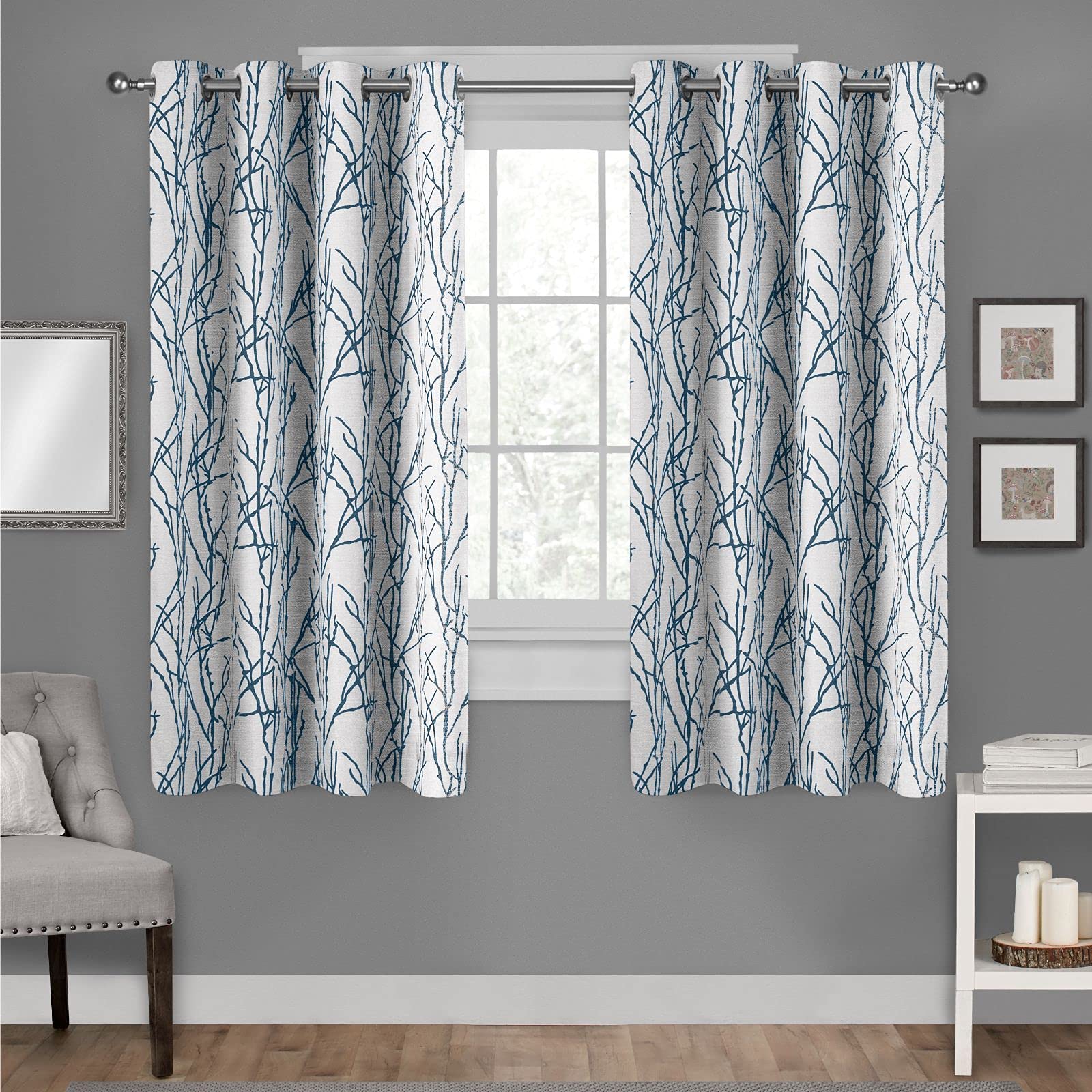 EXCLUSIVE HOME Branches Linen Blend Grommet Top Curtain Panel Pair, 54"x63", Teal