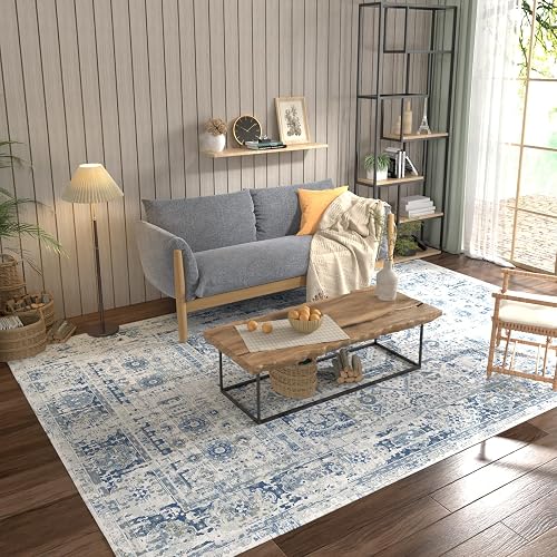 Area Rug 8'x10' Stain Resistant Washable for Living Room,Boho Vintage Distressed Large Area Rugs with Non-Slip Rubber Backing,Printed Home Carpet for Bedroom,Office,Dining Room,Blue