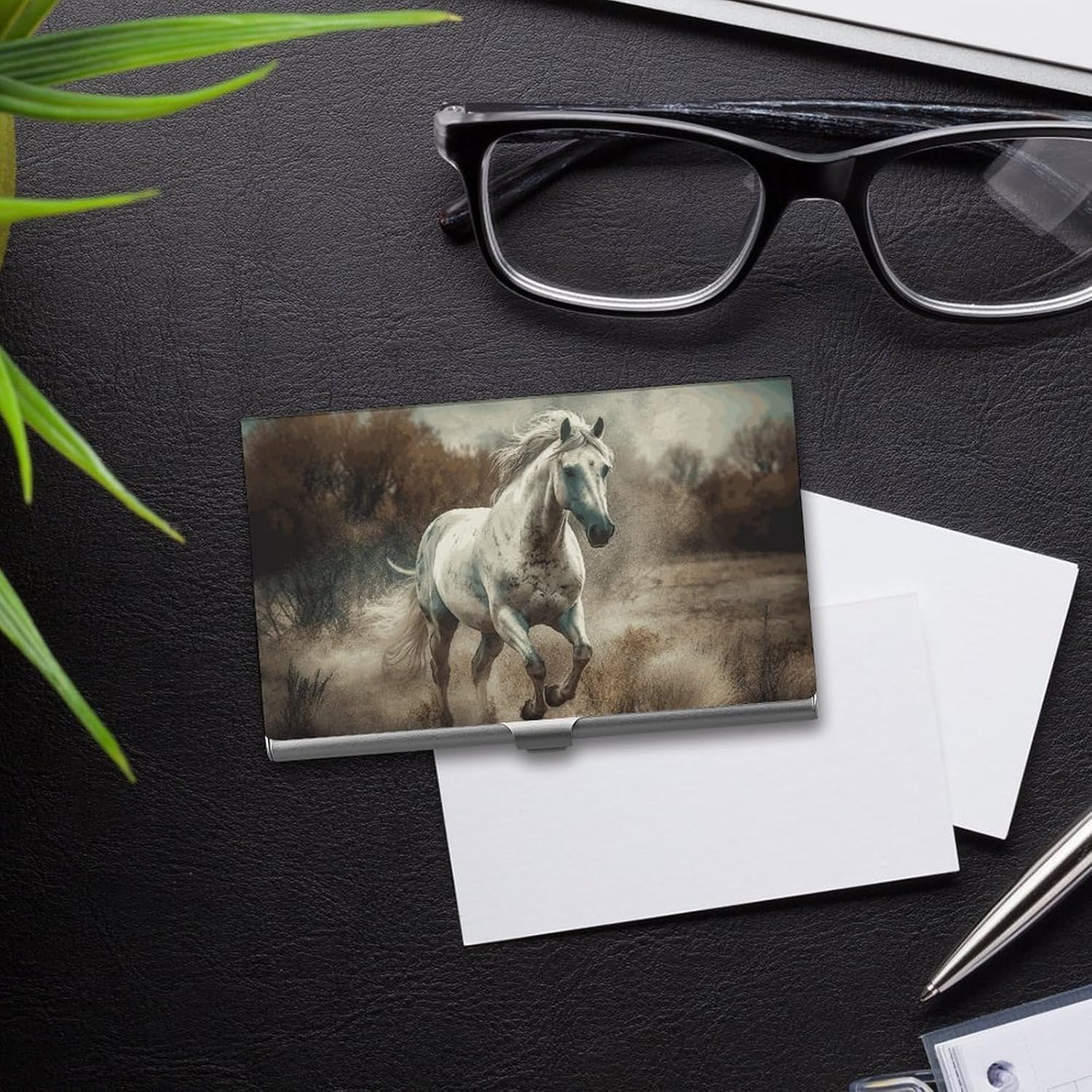 Slim Business Card Case for Men Women, Pocket Metal Case Aluminum Professional Cards Carrier, Horse Running in Field Business Card Holder Wallet for Office Travel Gifts