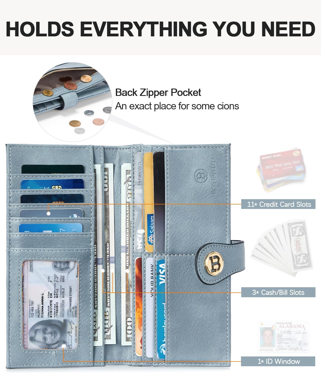 BOSTANTEN Slim Wallet Women Leather RFID Blocking Credit Card Holder Bifold Thin Wallet with Zipper Pocket Light Blue - Image 2