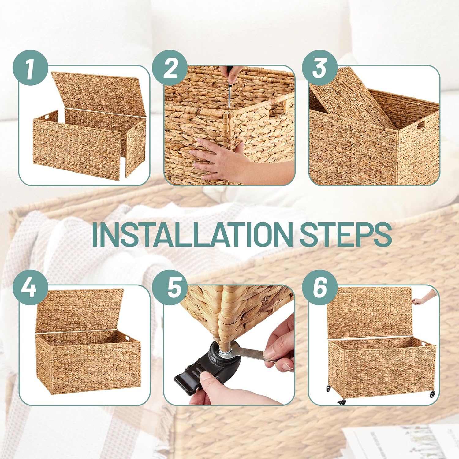 36 x 20 x 18.5 Inch Rolling Wicker Storage Basket with Lid and Locking Wheels, Water Hyacinth Storage Trunk, Heavy Duty Metal Frame Woven Blanket for Seasonal Clothes Laundry Room, Bedroom