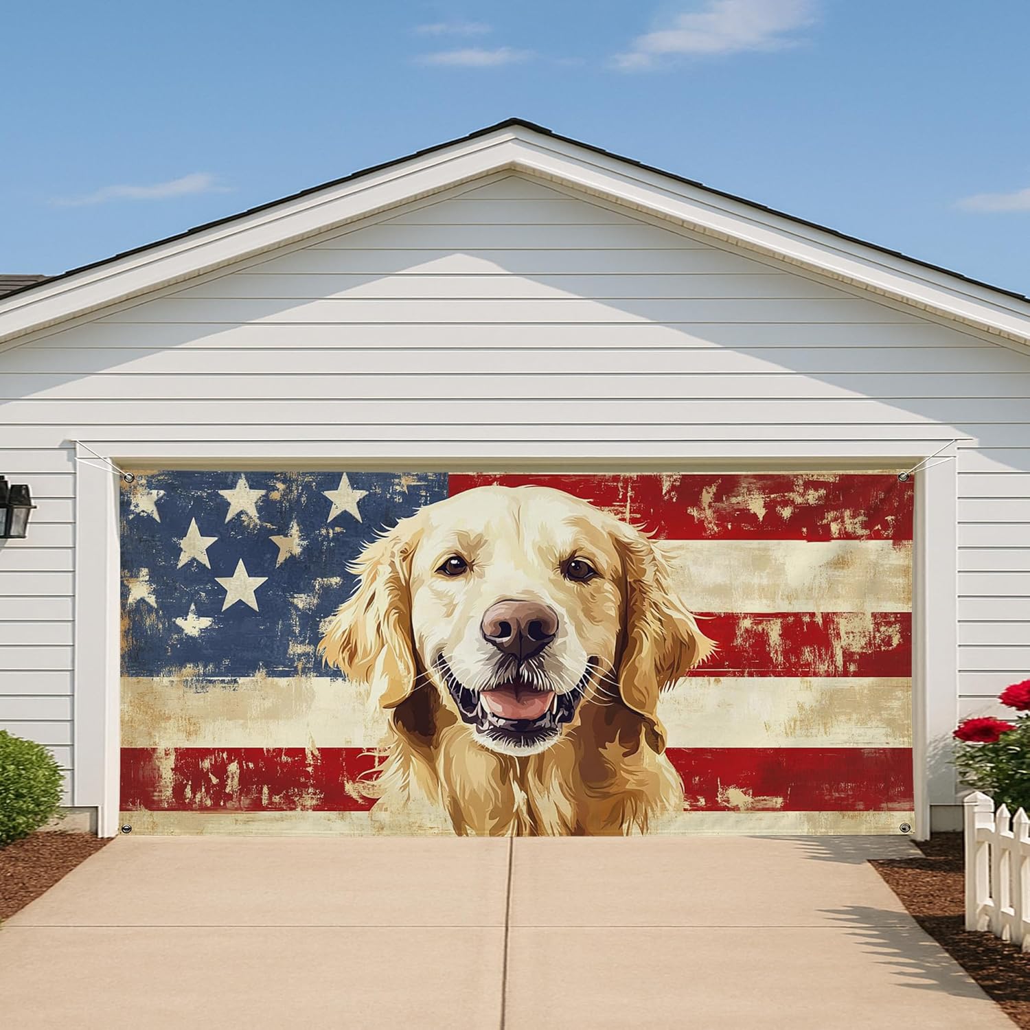 Patriotic Dog Garage Door Cover, Large Rustic American Flag Golden Retriever Banner, Indoor Outdoor Summer Party Decor 157x71 Inch