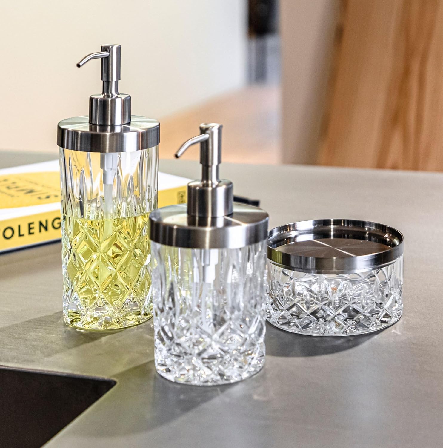 Nachtmann Square Collection Spa Dispenser | 15 Ounce Soap Dispenser with Pump | Made of Clear Crystal Glass with Stainless Streel Pump | Made in Germany