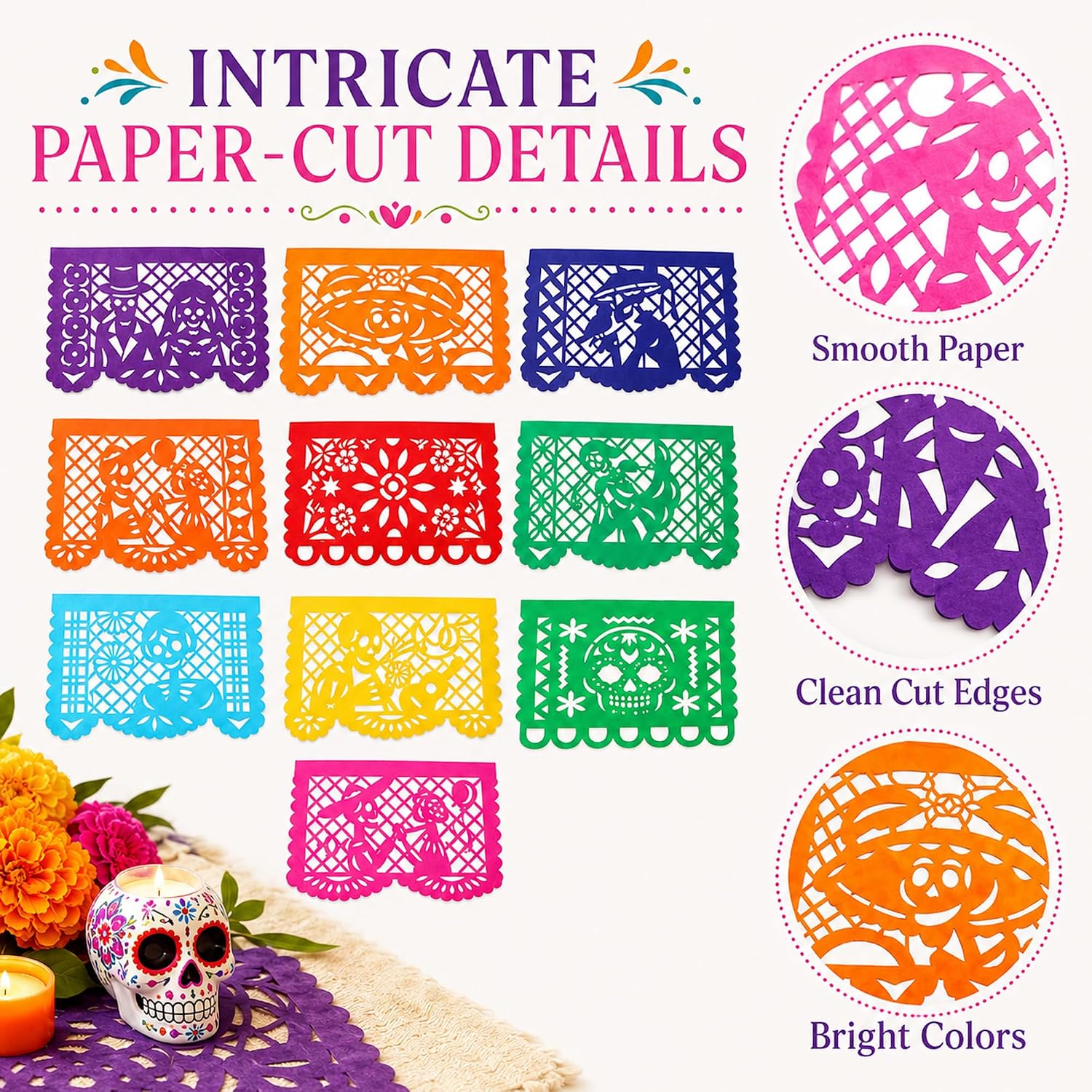 Dia De Los Muertos Decorations - 50 PCS Bulk Mexican Papel Picado
