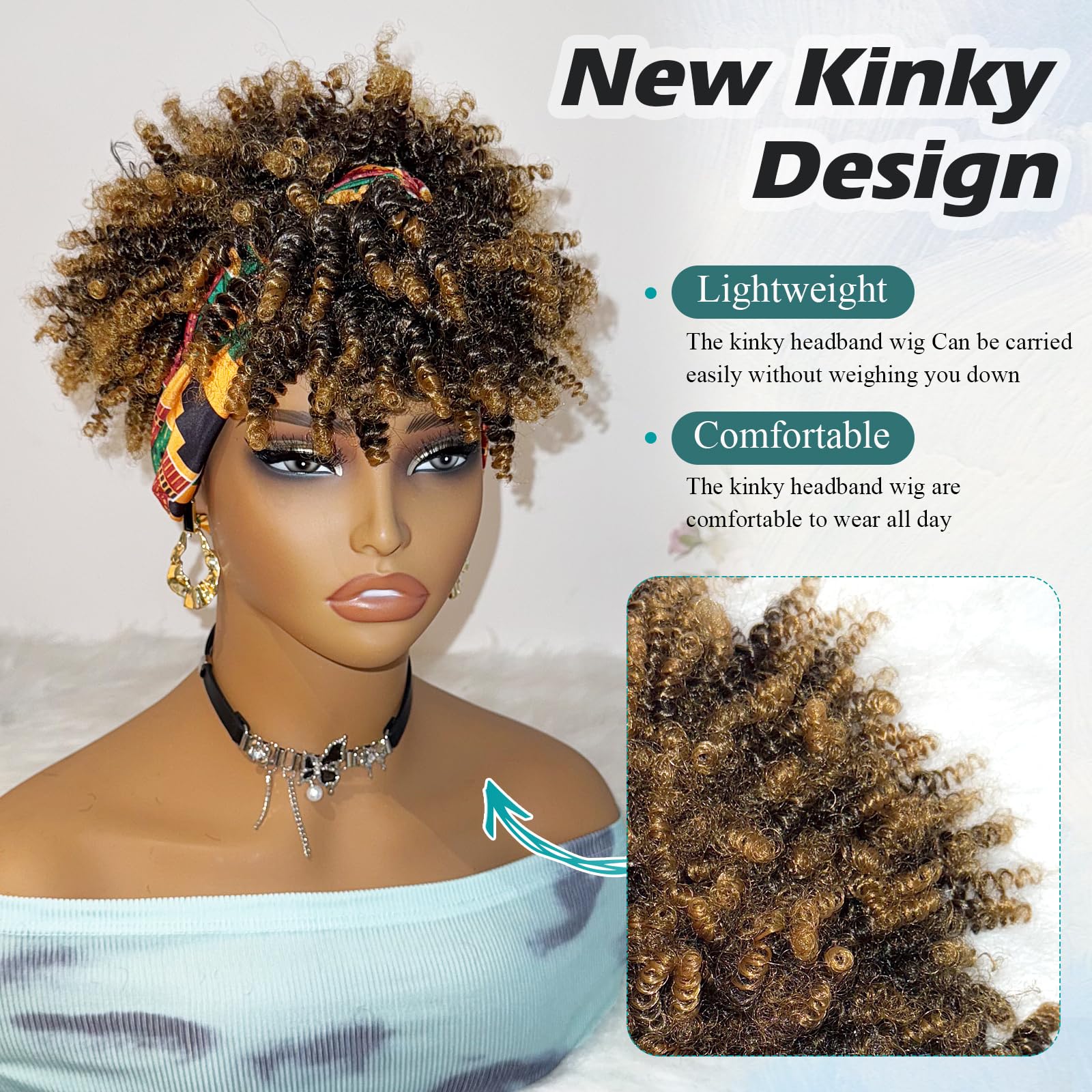 DEYNGS Kinky Curly Afro Puff Wig with Bangs Highlight Blonde Headband Wigs Afro Curly Headband Wig with Bangs Afro Wigs for Black Women Turban Wrap-Wigs 4inch Product Image 4