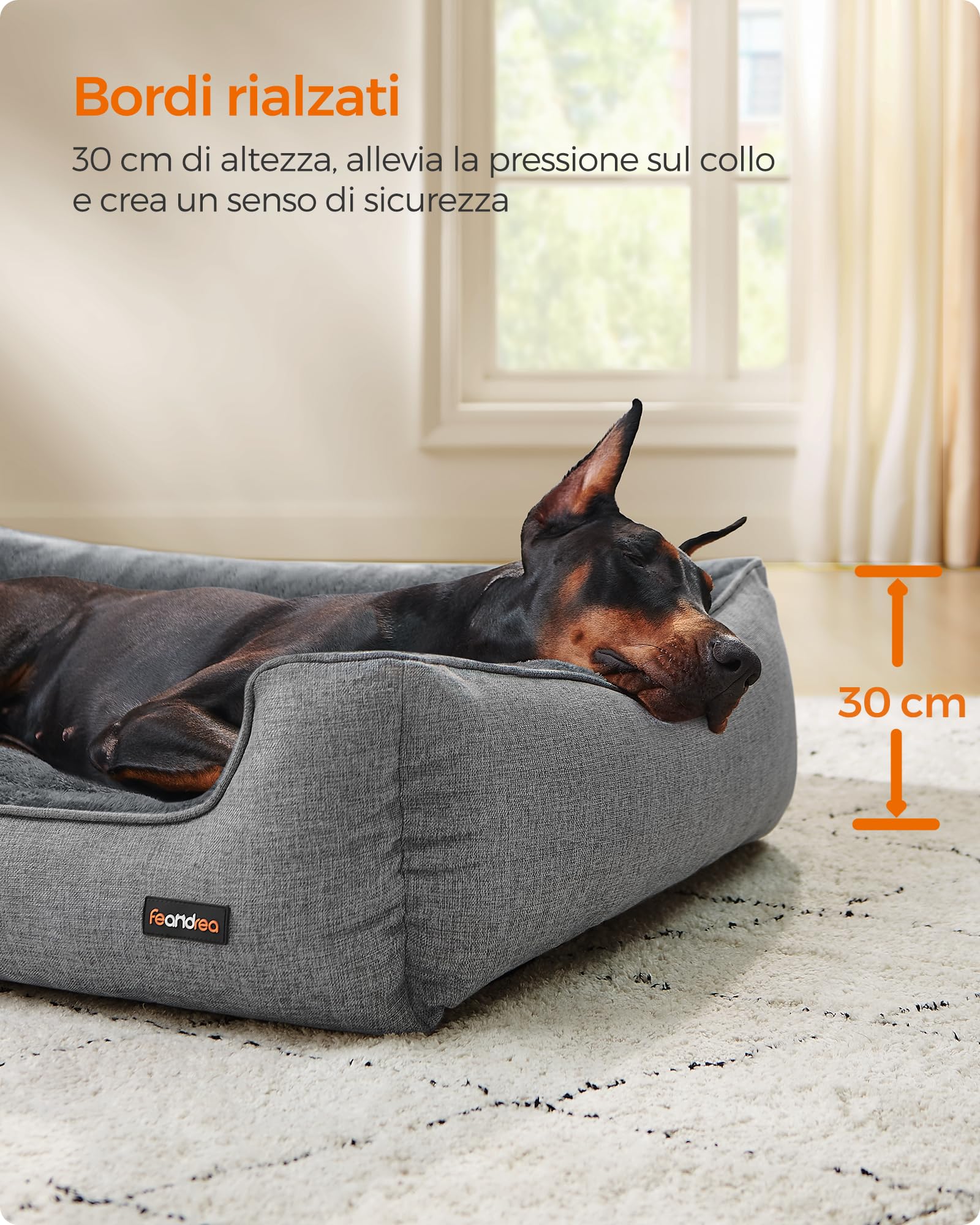 Feandrea Cuccia per Cani, Lettino per Animali in Simil Lino, Bordi Rialzati, Fondo Antiscivolo, Copertura Sfoderabile per Lavaggio, XXL per Cane Extra Grande, 120 x 90 x 30 cm, Grigio Chiaro PGW013GG