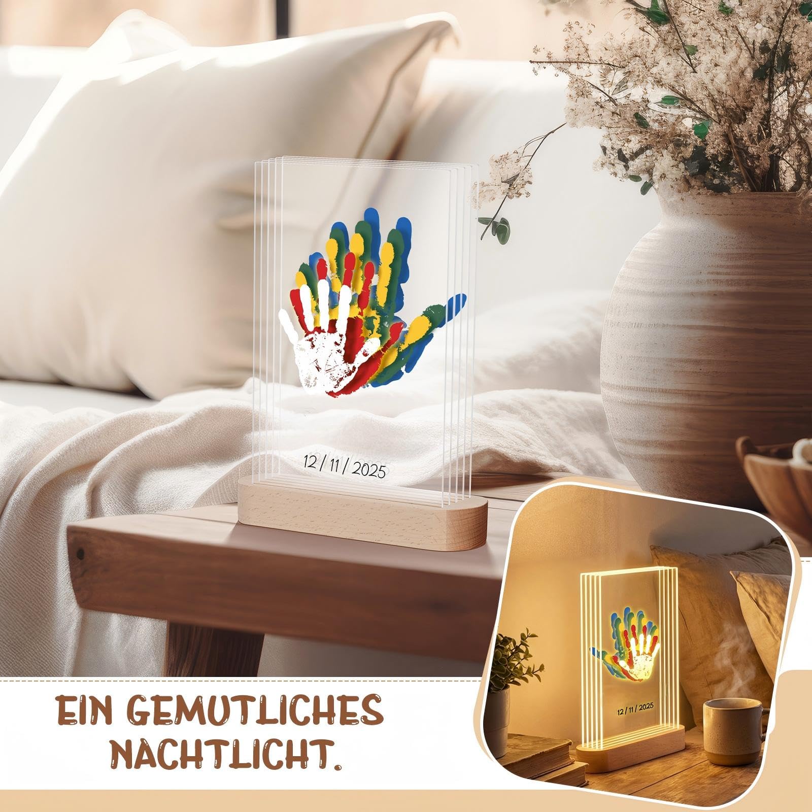 Set Impronte Mani Famiglia per 5 Persone Cornice Portafoto con Luce Notturna a LED Set Impronte Mani e Piedi Cornici Portafoto Regalo per la Festa della Mamma la Festa del Papà Coppie Famiglie