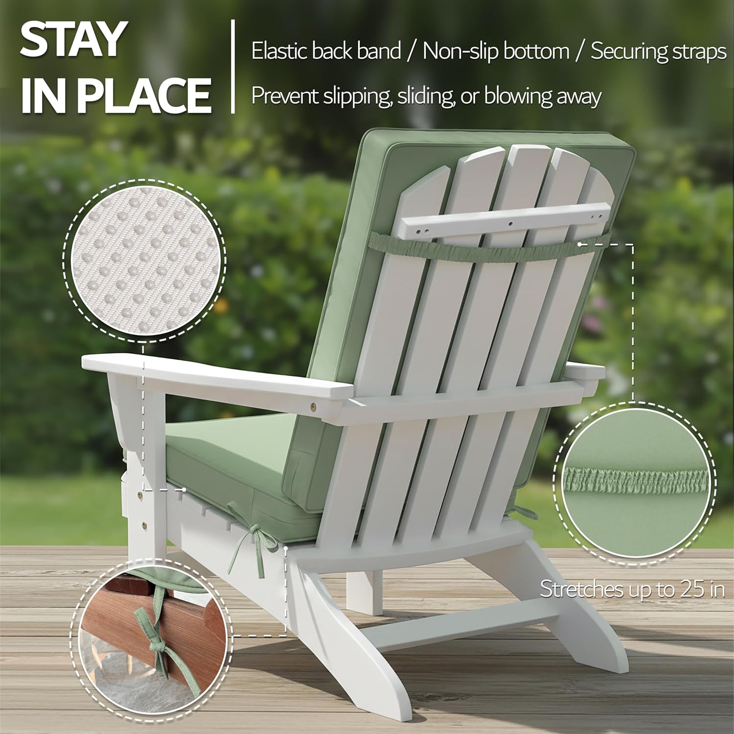 Outdoor Adirondack Chair Cushions Set of 4 - Removable Covers, Water-Repellent, Fade-Resistant, Non-Slip Bottom & Securing Straps, Universal Fit for Most Adirondack & Rocking Chairs - Sage Green