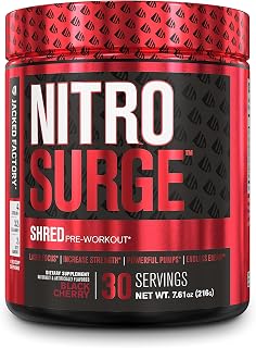 Jacked Factory NITROSURGE Shred Pre Workout Supplement - Energy Booster, Instant Strength Gains, Sharp Focus, Powerful Pumps - Nitric Oxide Booster & PreWorkout Powder - 30Sv, Black Cherry