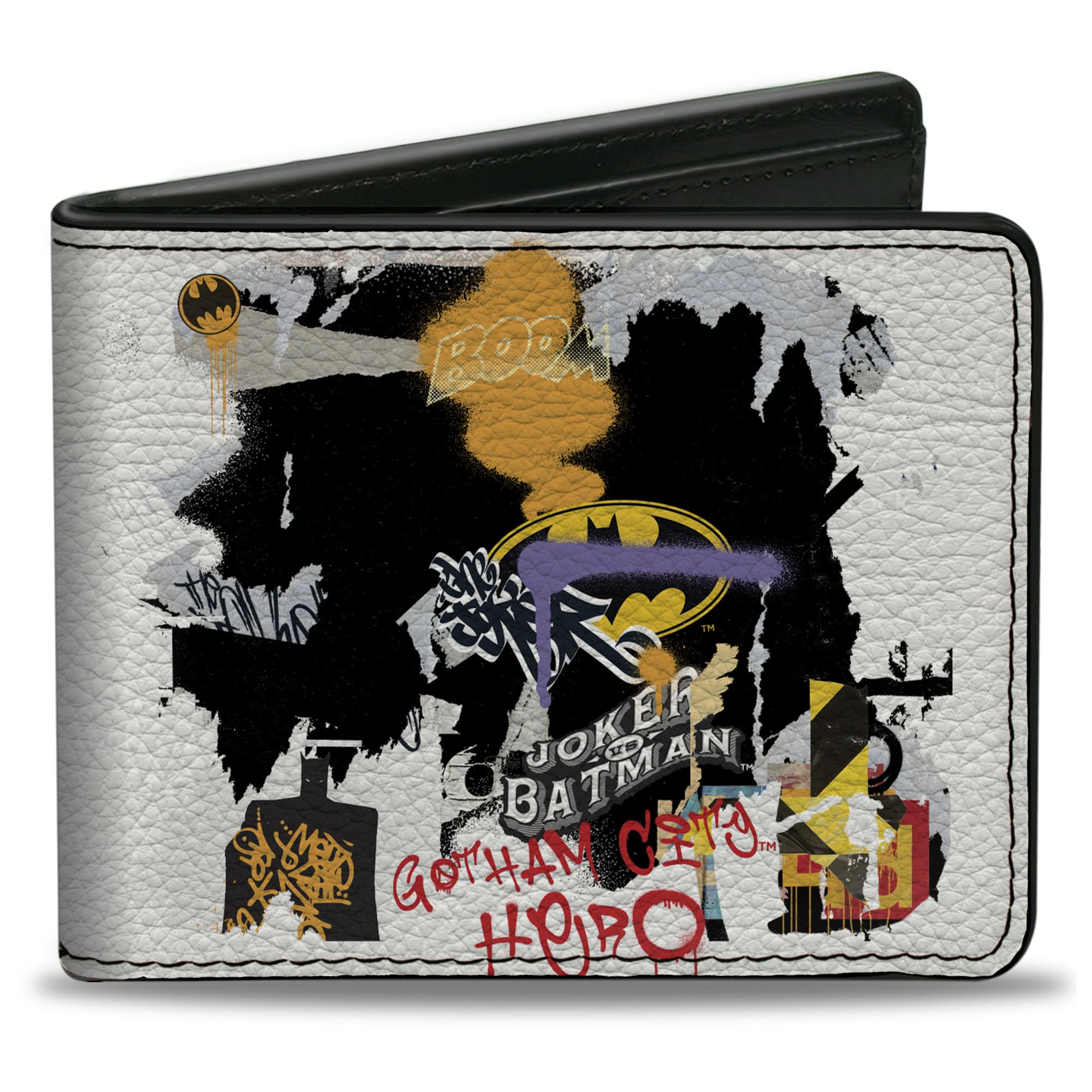 Buckle-Down Men's Standard DC Comics Wallet, Bifold, vs Graffiti Collage White Multi Color, Vegan Leather, Batman Joker, 4.0