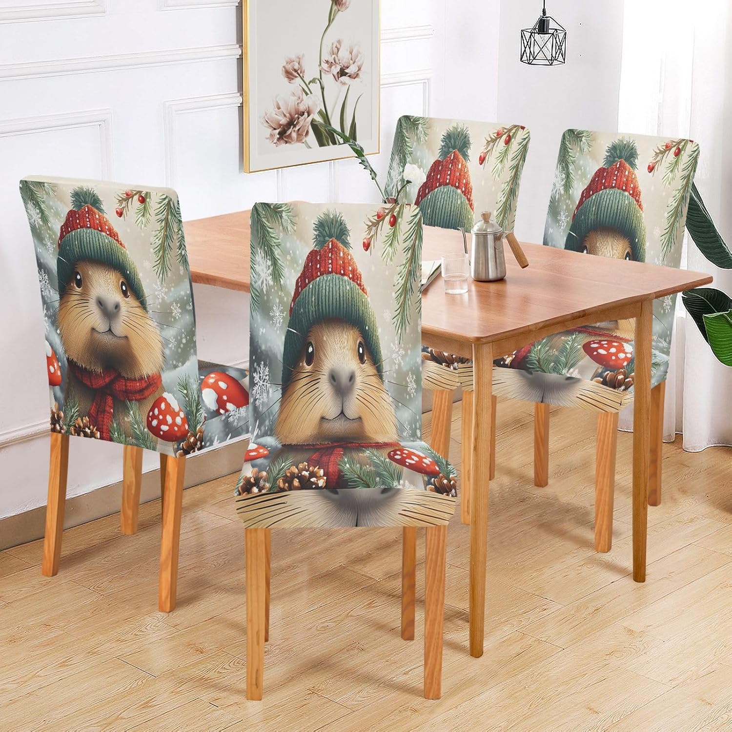 ALAZA Chair Covers for Dining Room, Capybara Snow Mushroom Stretch Chair Cover Sets Chair Protector Removable Washable for Ktichen Restaurant Hotel