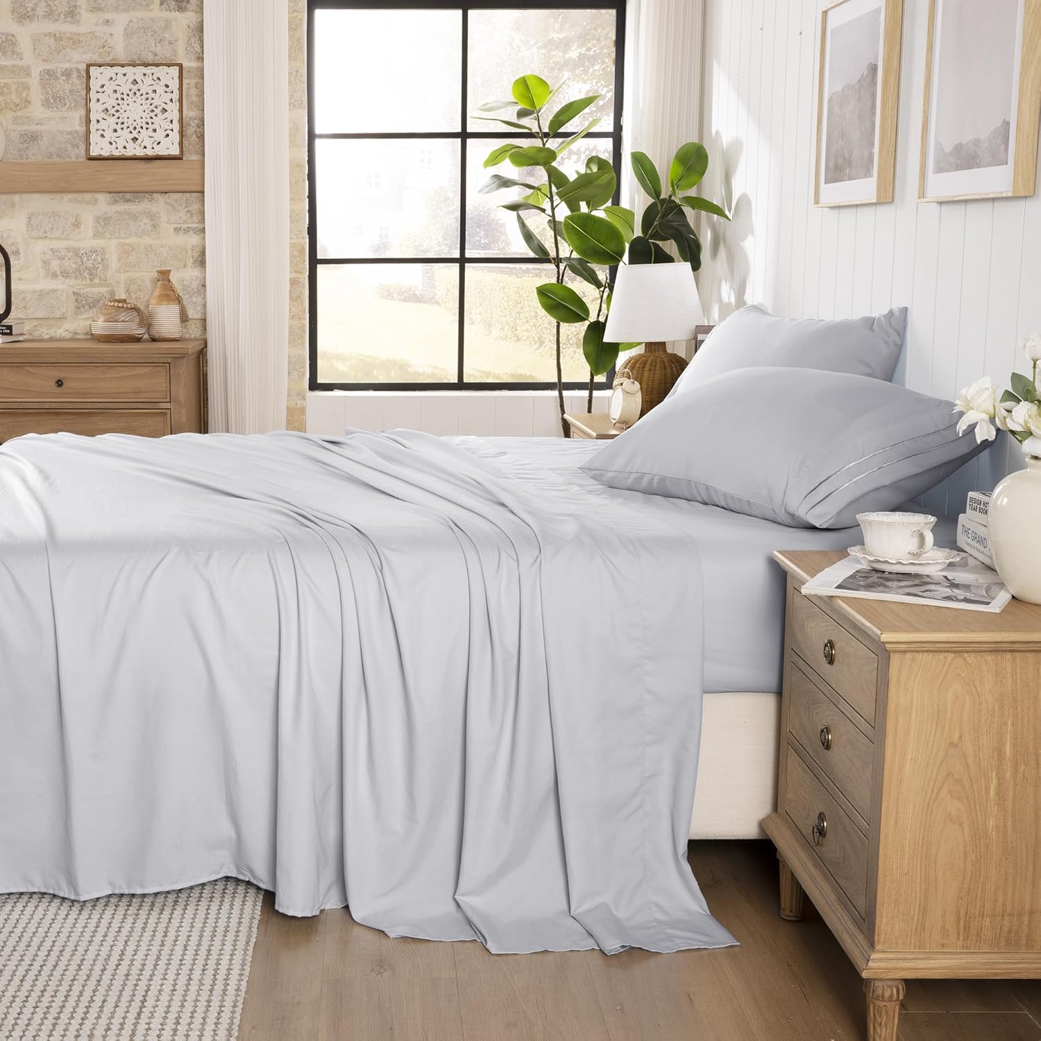 ROSE&RISY Light Grey Queen Sheet Set, Pre-washed Cotton-like Brushed Microfiber, 4 Pieces Super Soft Sheets Queen, Breathable Fade Resistant, Includes 1 Fitted 1 Flat 2 Pillowcases (Light Grey, Queen) - Image 3