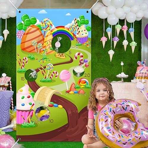 YongFoto Candyland Toss - Cartel de juego con 3 bolsas de frijoles, fondo de piruleta helado de dulces aventuras, suministros de decoración de