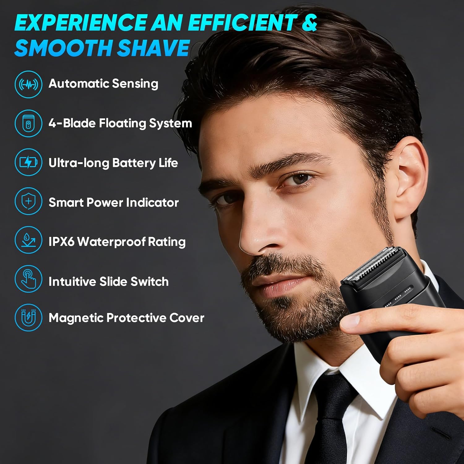 Electric Foil Shavers for Men: Compact Electric Razor with 4 Floating Blades, Travel Portable Foil Shaver for Men, USB-C Rechargeable, Waterproof Wet Dry Cordless Face Shaver for Travel & Home, Black