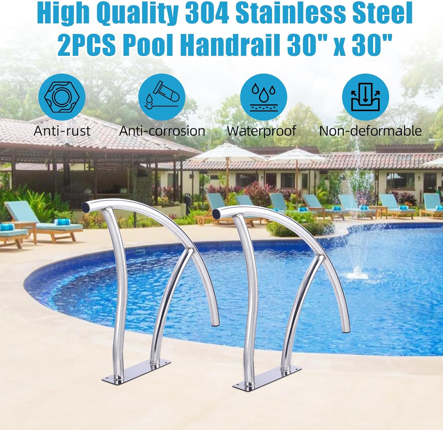 GarveeLife 2pcs Pool Rails 30 in x 30 in, Pool Handrails for Inground Pool 304 Stainless Steel Big Load Capacity Rustproof with Blue Grip Cover & Accessories