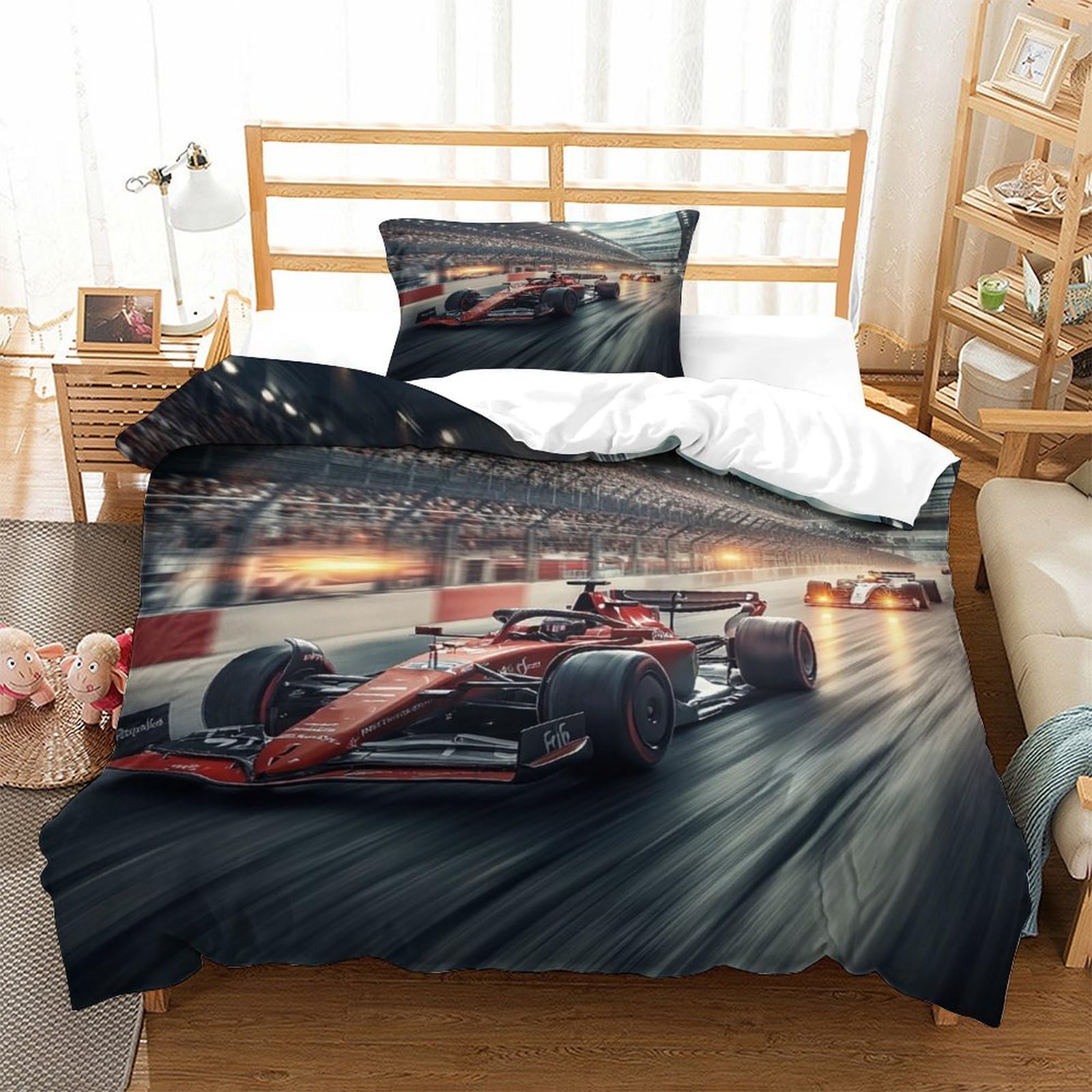 LILIlaobiao Ferrariii Bedding Set 3D Printed Formula racing Quilt Cover with Zipper Closure Luxe Duvet Cover with Pillowcase Microfiber for Childrens And Adults Single（135x200cm）