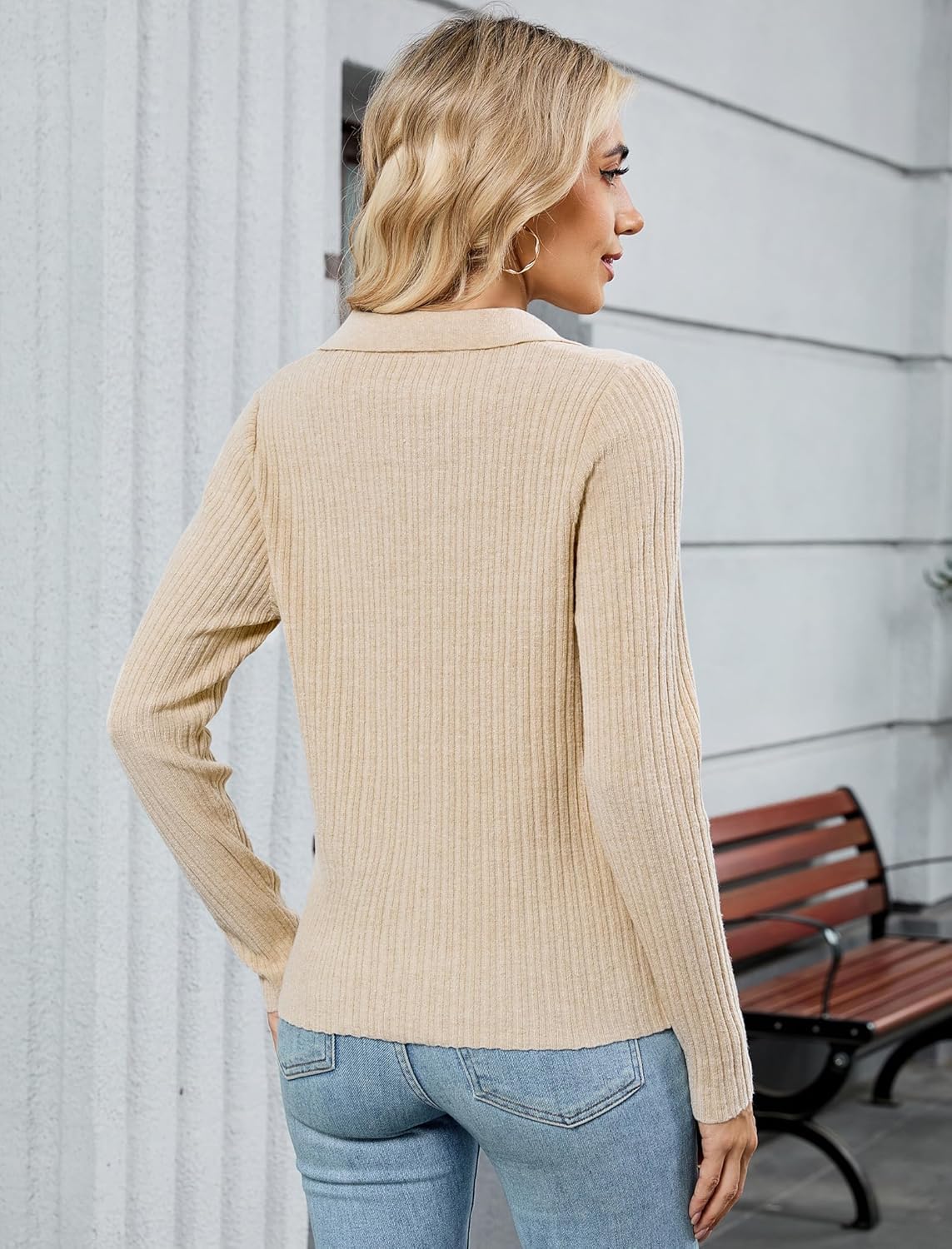 ZAFUL Women's Fall V Neck Sweater Collared Long Sleeve Polo Shirts Ribbed Knit 2025 Winter Pullover Tops - Image 4