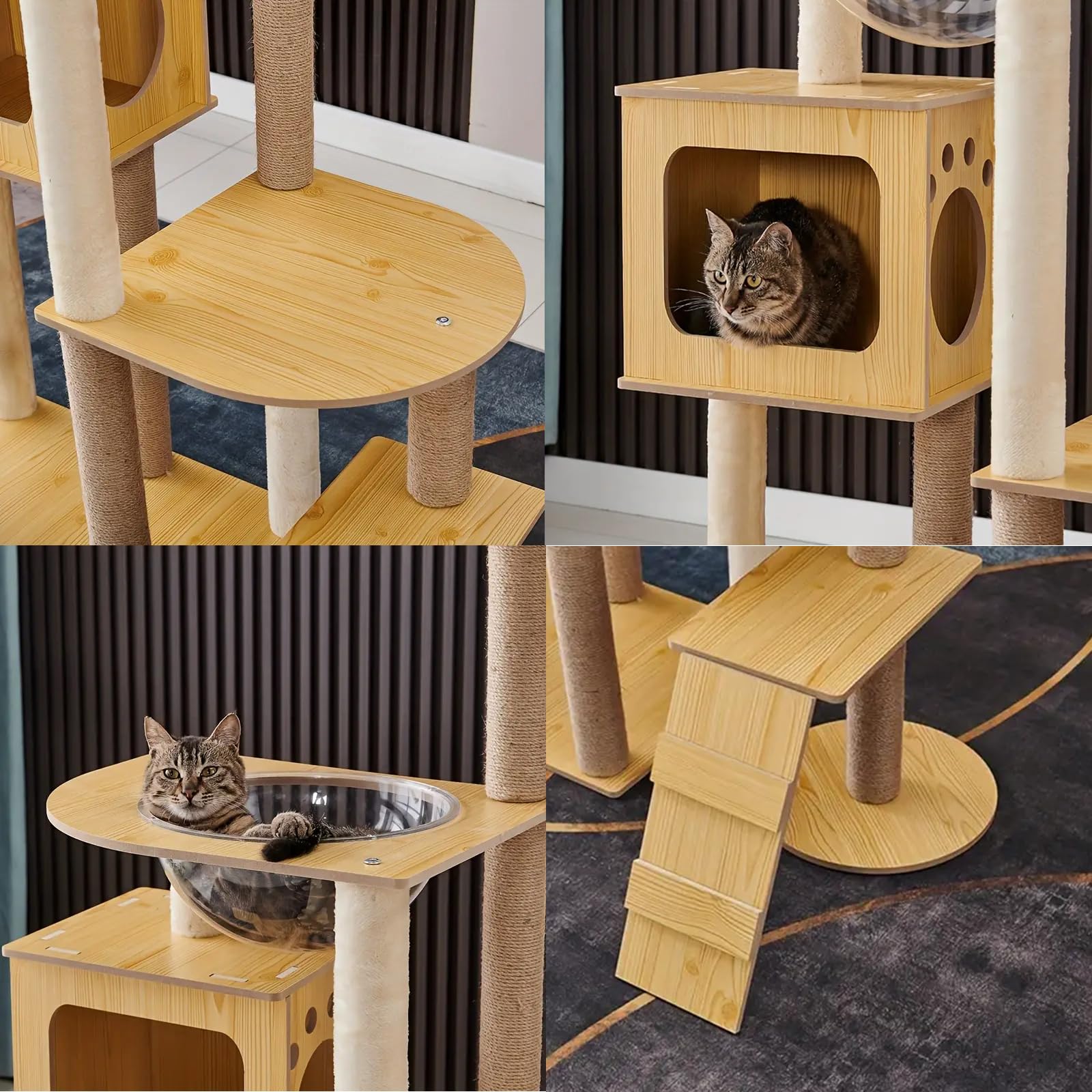 Albero per Gatti in Legno, Alto 135Cm, Tiragraffi per Gatti Adulti, Tiragraffi per Gatti con Cuccia, Piattaforma, Capsula in Acrilico, Casetta per Gatti, Albero Tiragraffi per Gatti