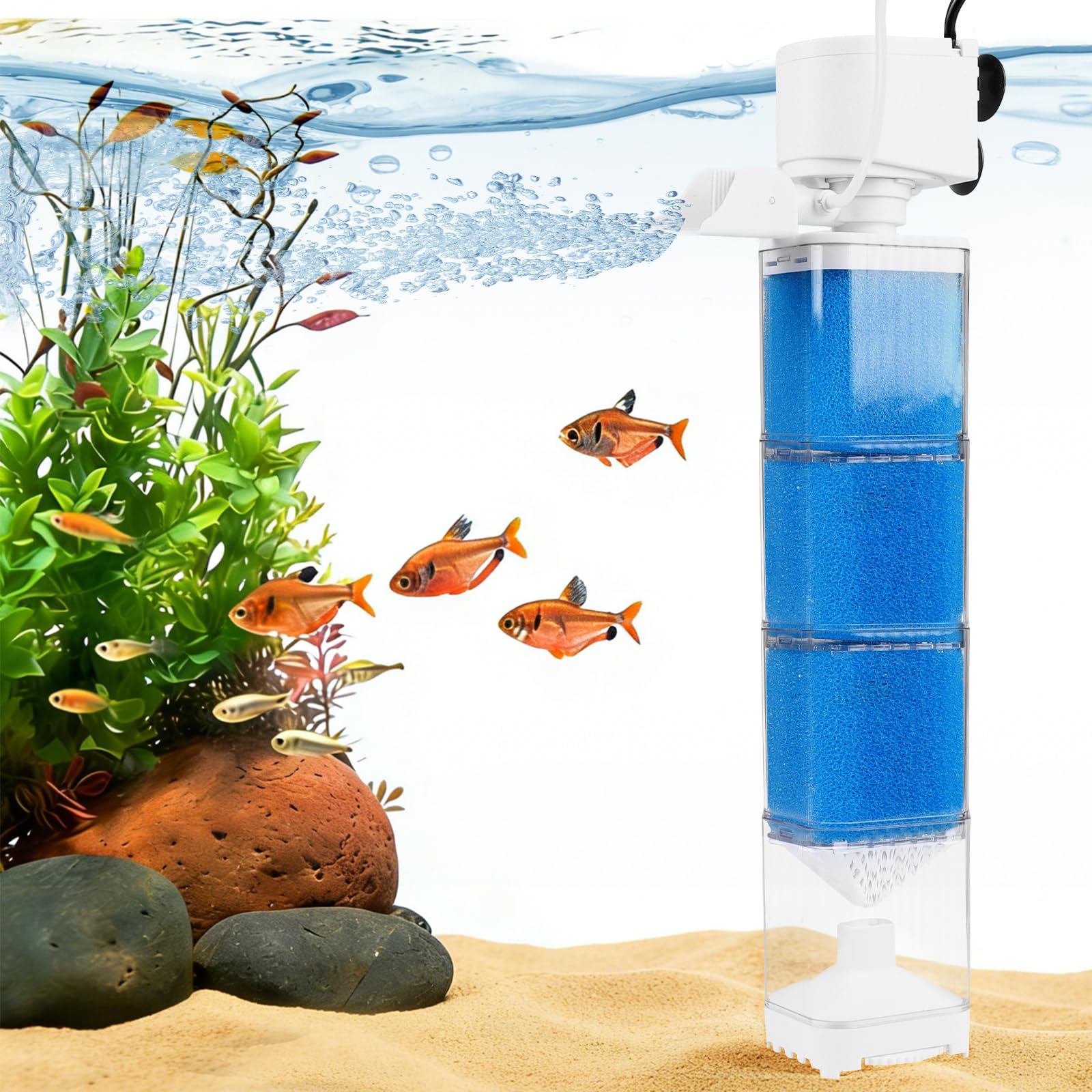 EXLECO 5 en 1 Filtros Internos para Acuarios 150-300L, Ajustable Depuradora Pequeña Acuario 1200L/H 15W, Bomba Pecera con Filtro, Silencioso Sistema de Filtración Pecera con Oxygène Pompage Wavemaker