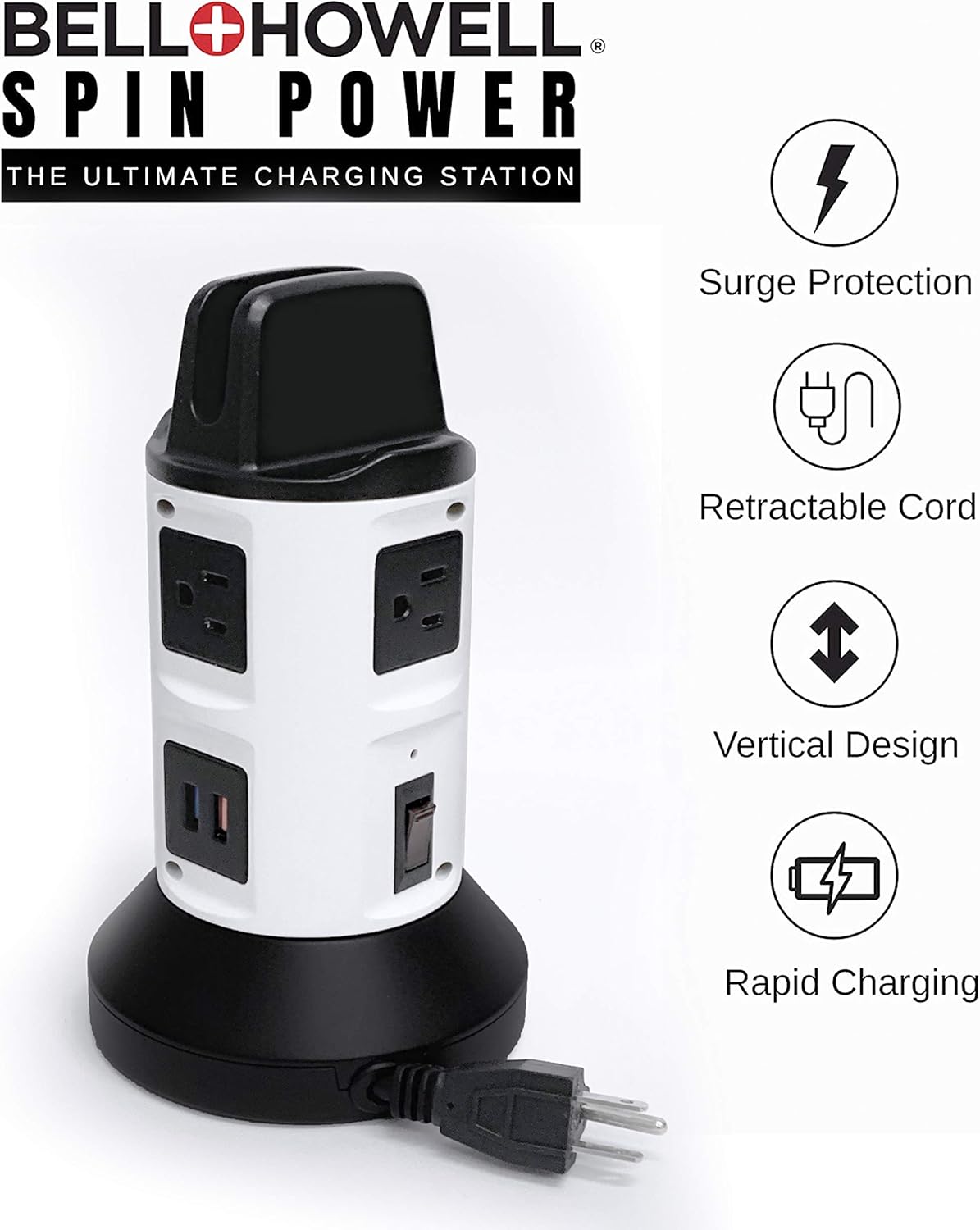 Bell+Howell Spin Power Strip Tower Surge Protector S/4-4 Outlets, 6 USB Ports, 40" Retractable Cord, 360° Rotation | Electric Charging Station with Built-in Phone Tablet Holder | USB Outlet Extender