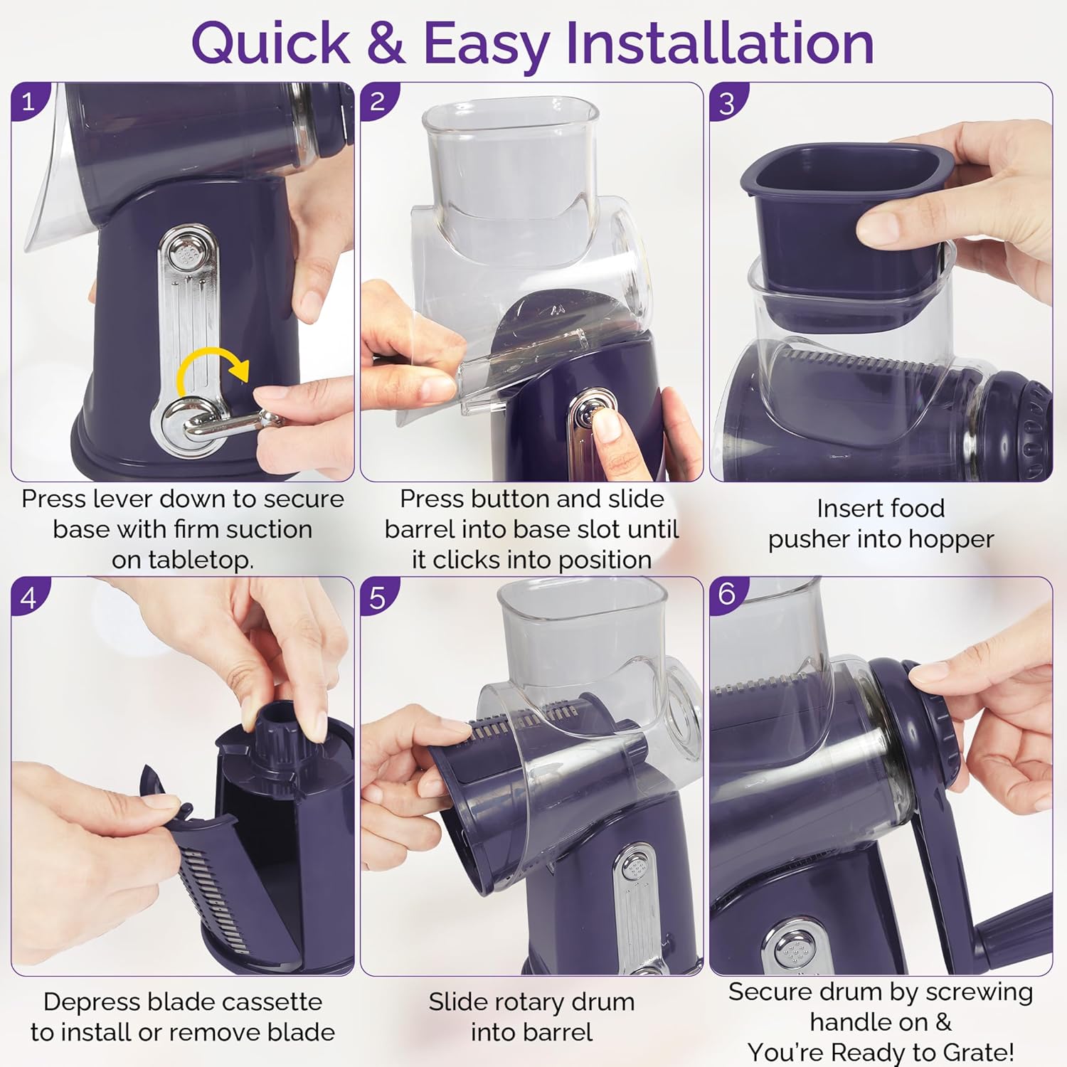 Cheese Grater with Handle, 5 in 1 Rotary Vegetable Shredder with 5 Replaceable Blades & Strong Suction Base, Rotary Grater for Cheese, Veggies & Nuts, Includes Storage Box