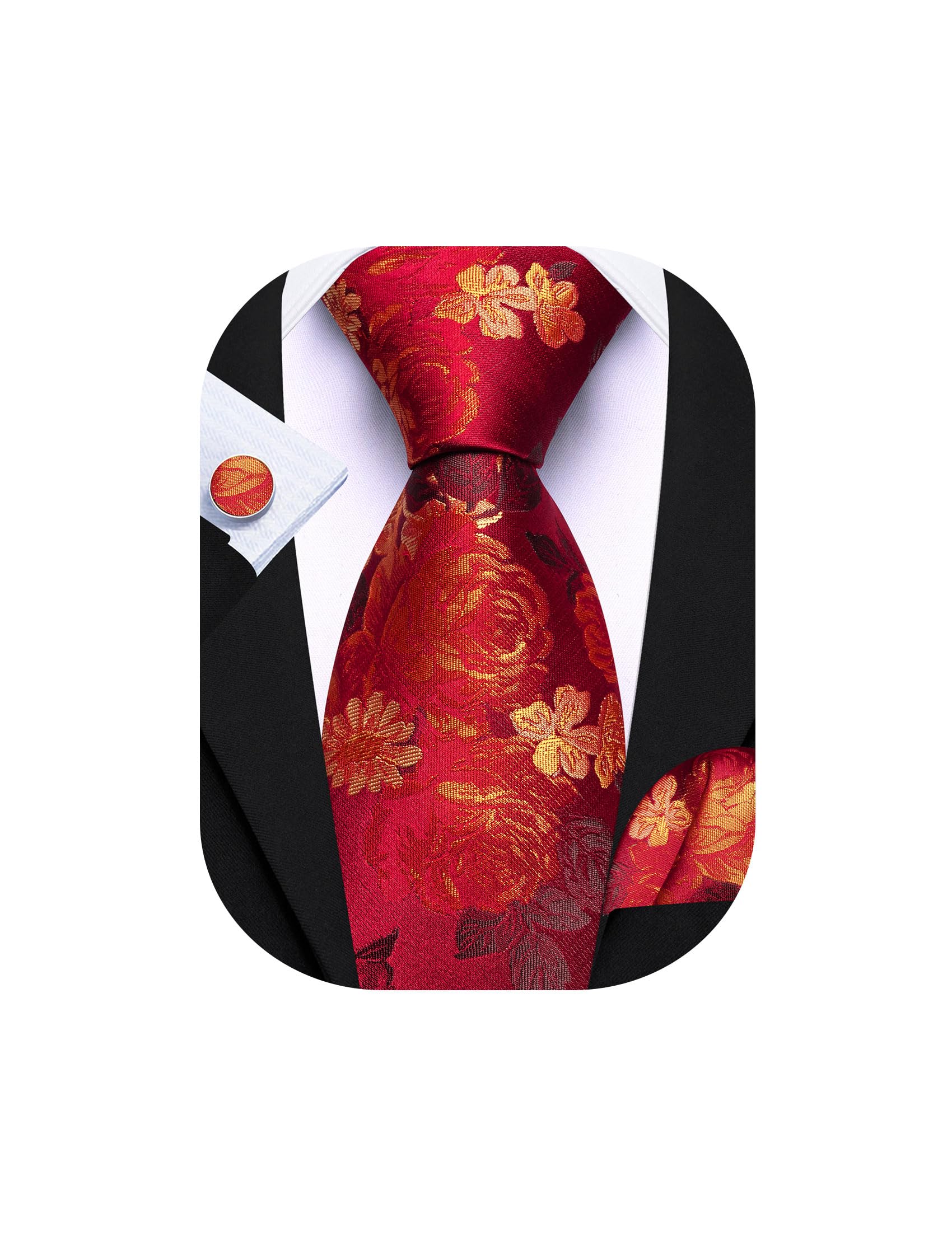 Barry.Wang Men Tie Set Floral Paisley Silk Necktie Pocket Square Cufflinks